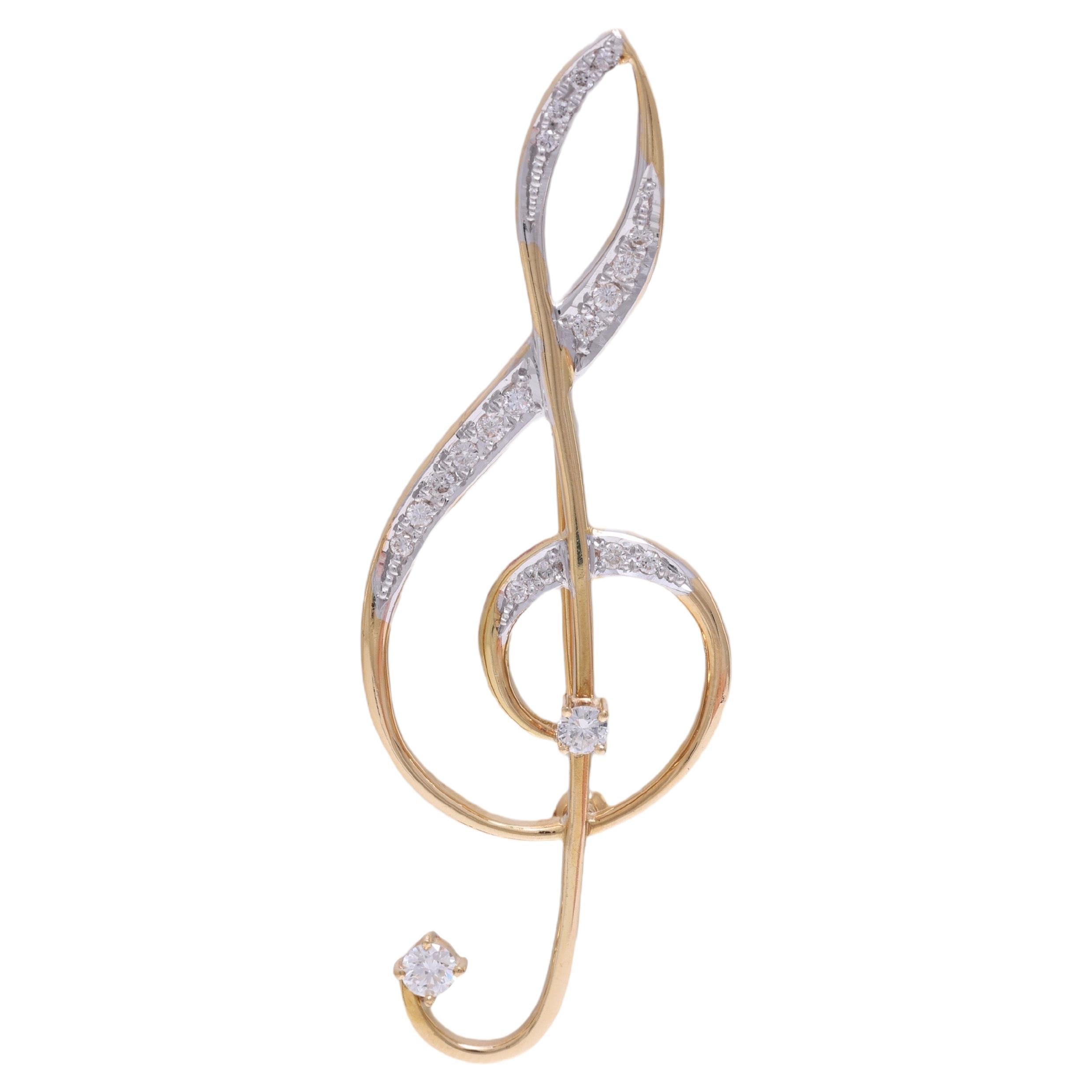 18 kt Yellow Gold Music Note Shape Brooch / Pendent-Hanger  0.48 Ct Diamonds For Sale