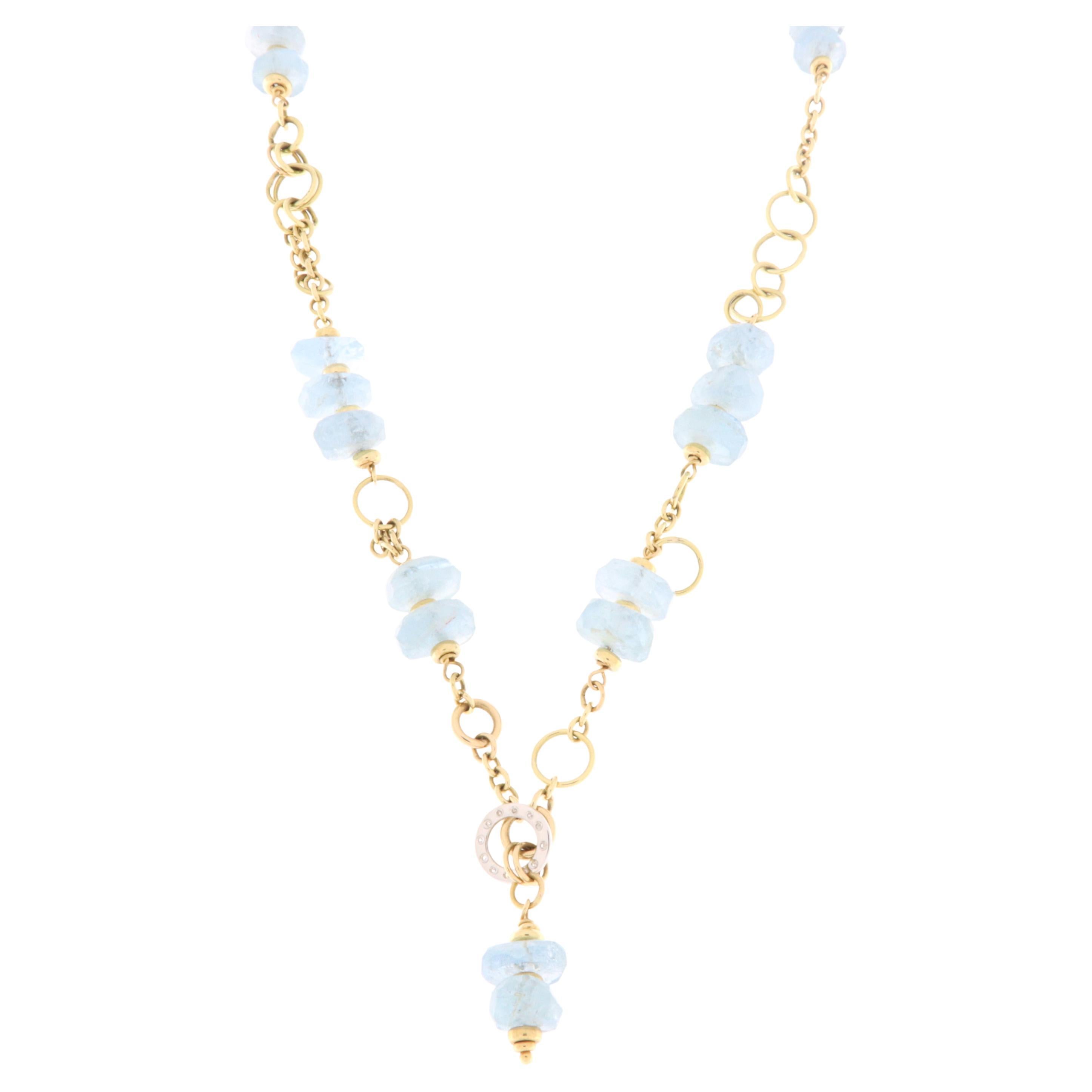 18 Karat Yellow Gold Necklace with Aquamarine Stones and Diamonds For Sale