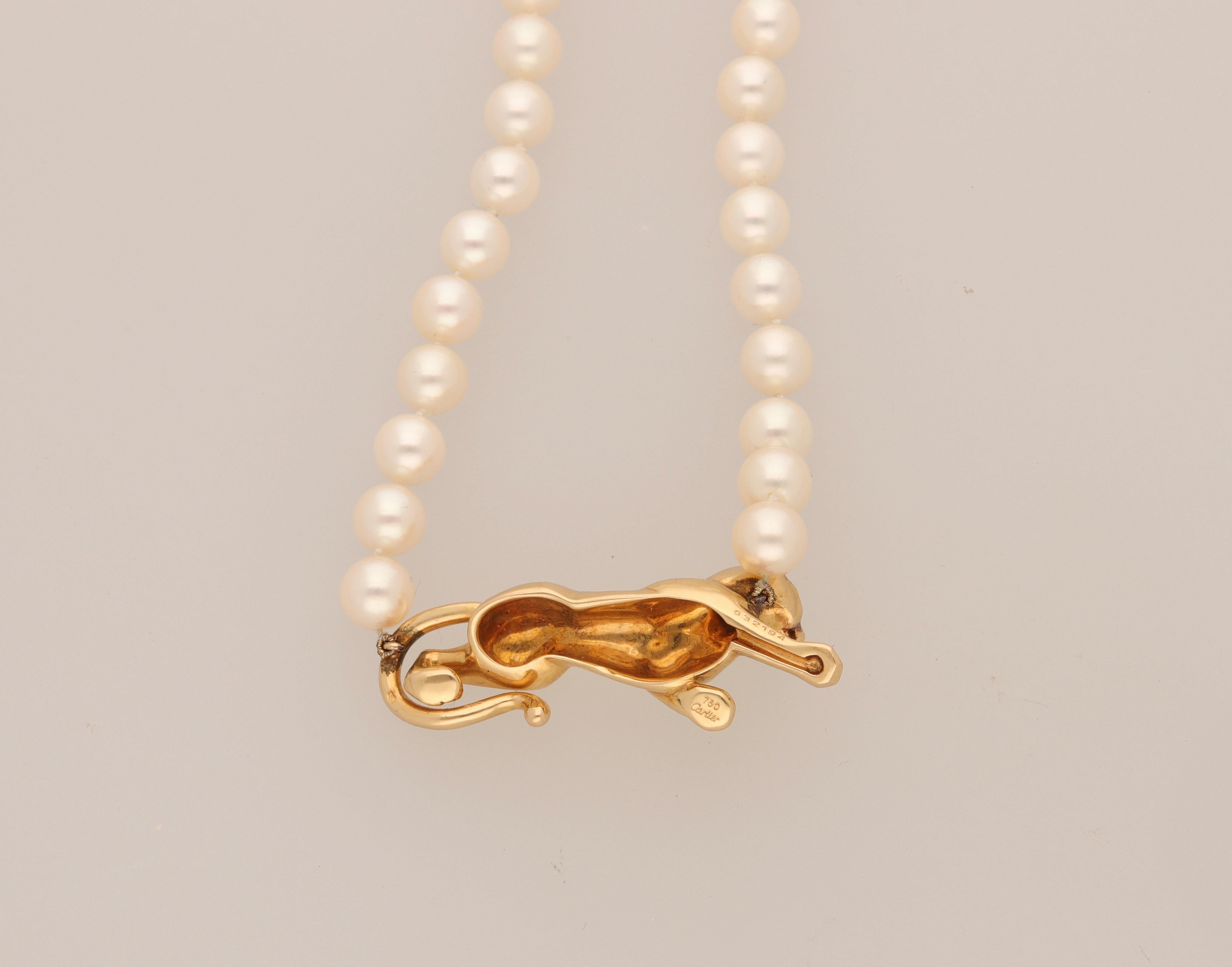 Round Cut 18 Karat Yellow Gold Panther Pearls Necklace by Cartier