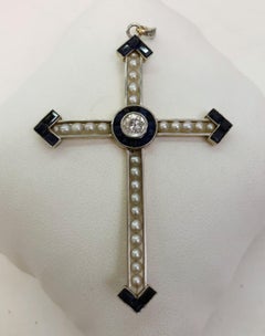 Vintage 18K Gold and Platinum Cross Pendant with Diamonds and Pearls