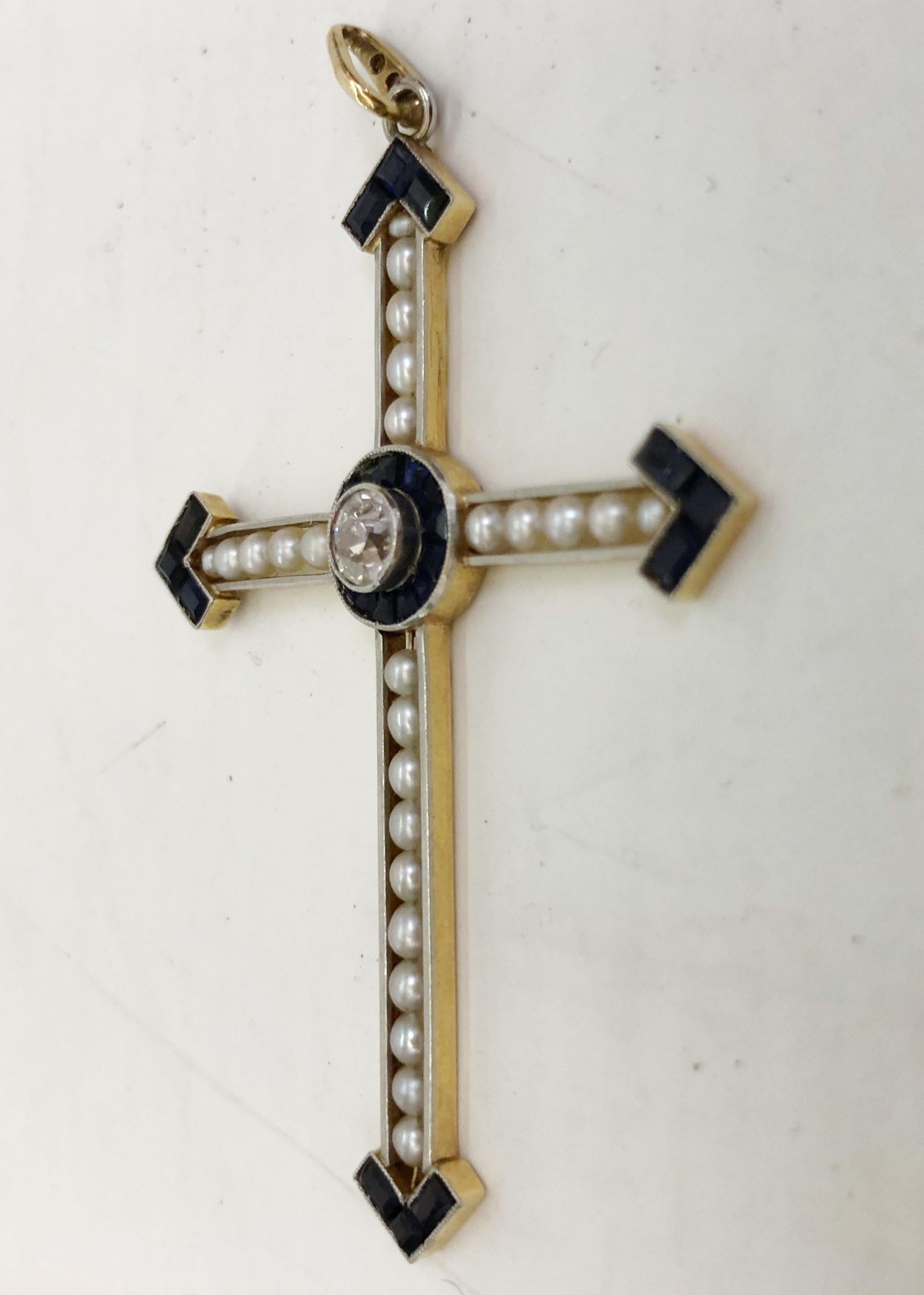 Brilliant Cut 18 Kt Yellow Gold Pearl and Diamond Cross Pendant For Sale