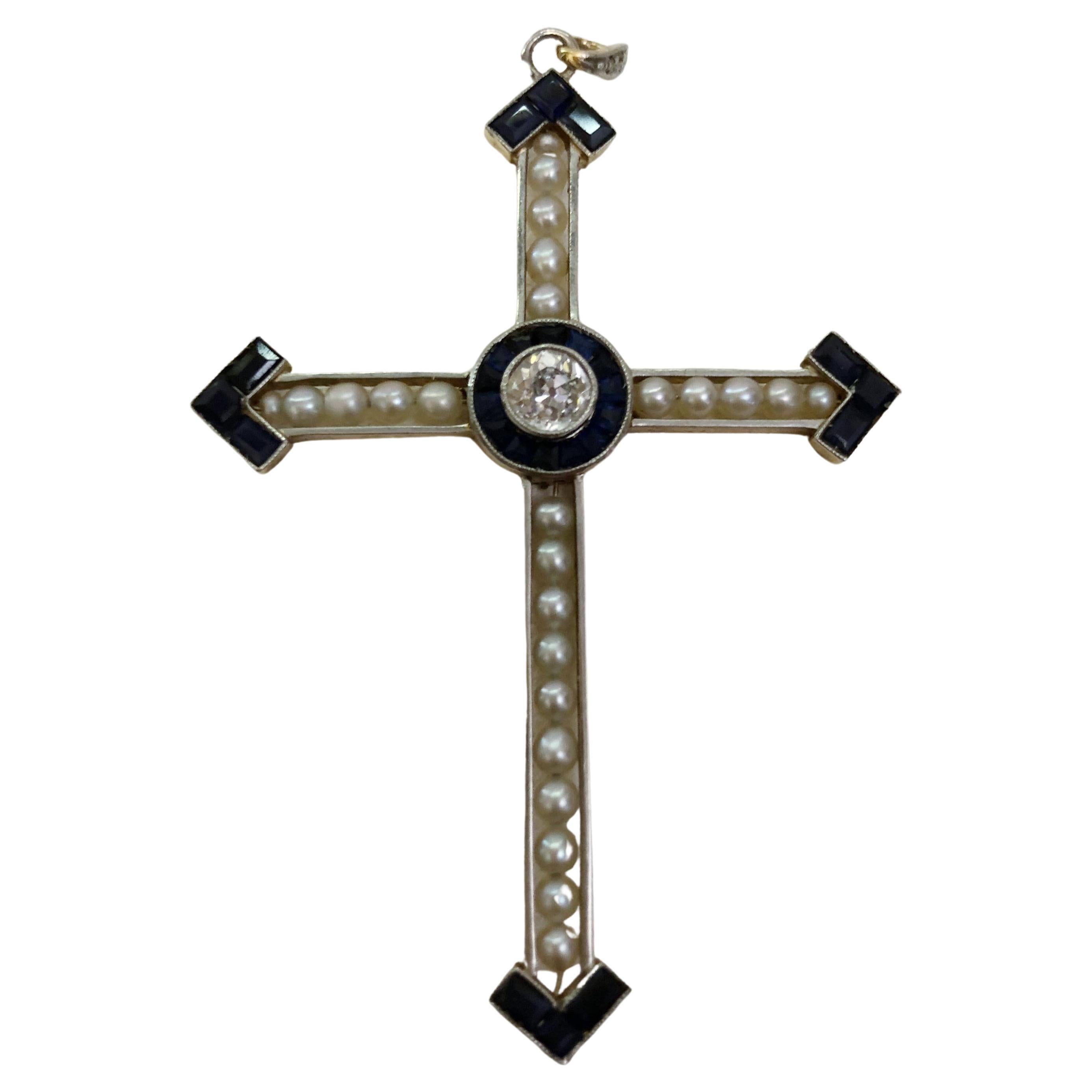 18 Kt Yellow Gold Pearl and Diamond Cross Pendant