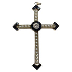 Antique 18 Kt Yellow Gold Pearl and Diamond Cross Pendant