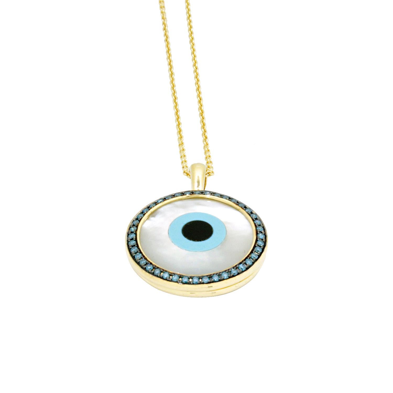 Modern 18 Karat Yellow Gold Pendant with Diamonds, Turquoise and Mother of Pearl Inlay For Sale