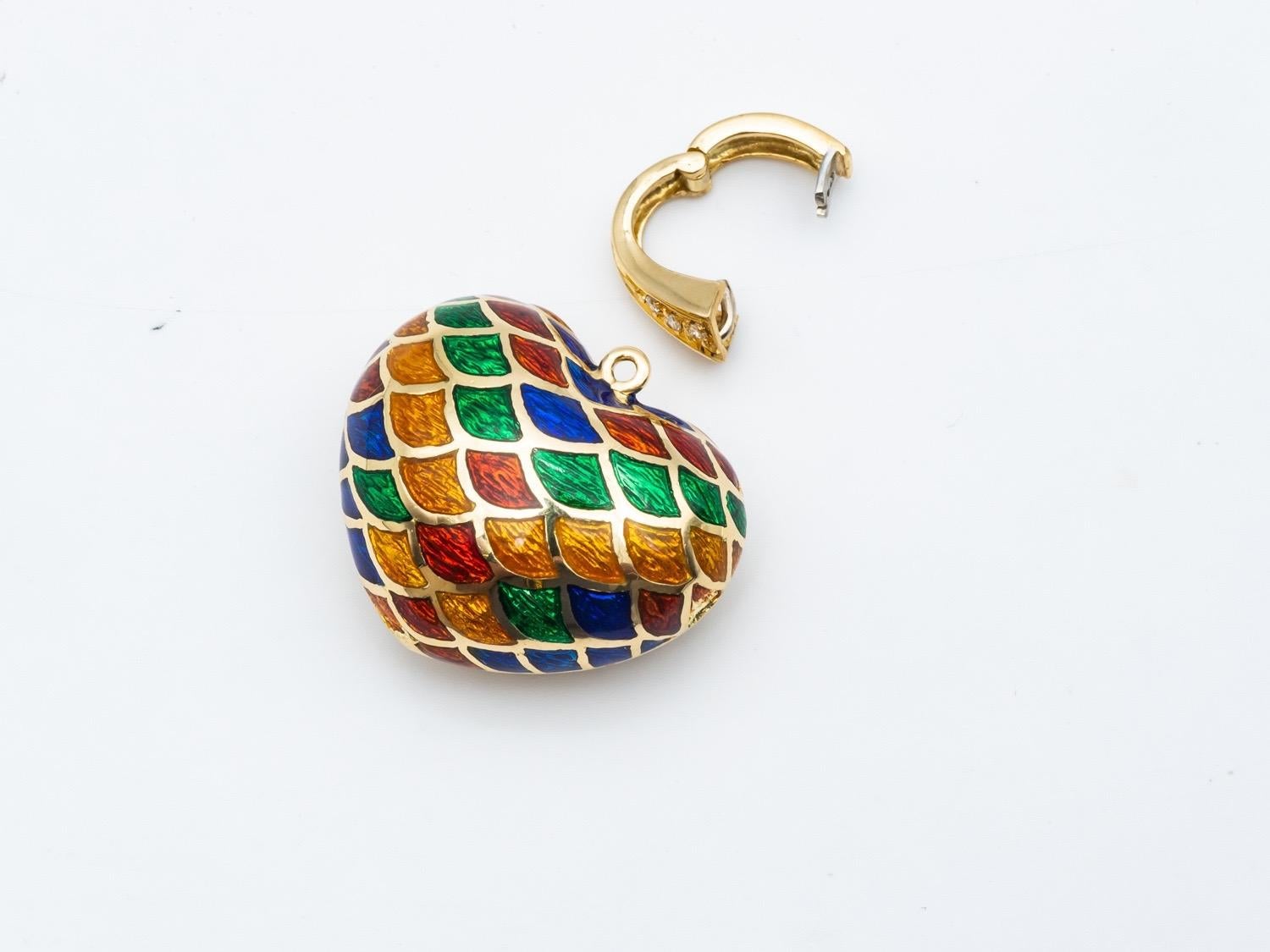Pendant with harlequin color tailside enamels on 18 karat yellow Gold  and inlaid with 6 Diamonds. This pendant will bring color as well as brilliance to the occasions of wearing it. Multi-functional hanging system. The pendant has artistic