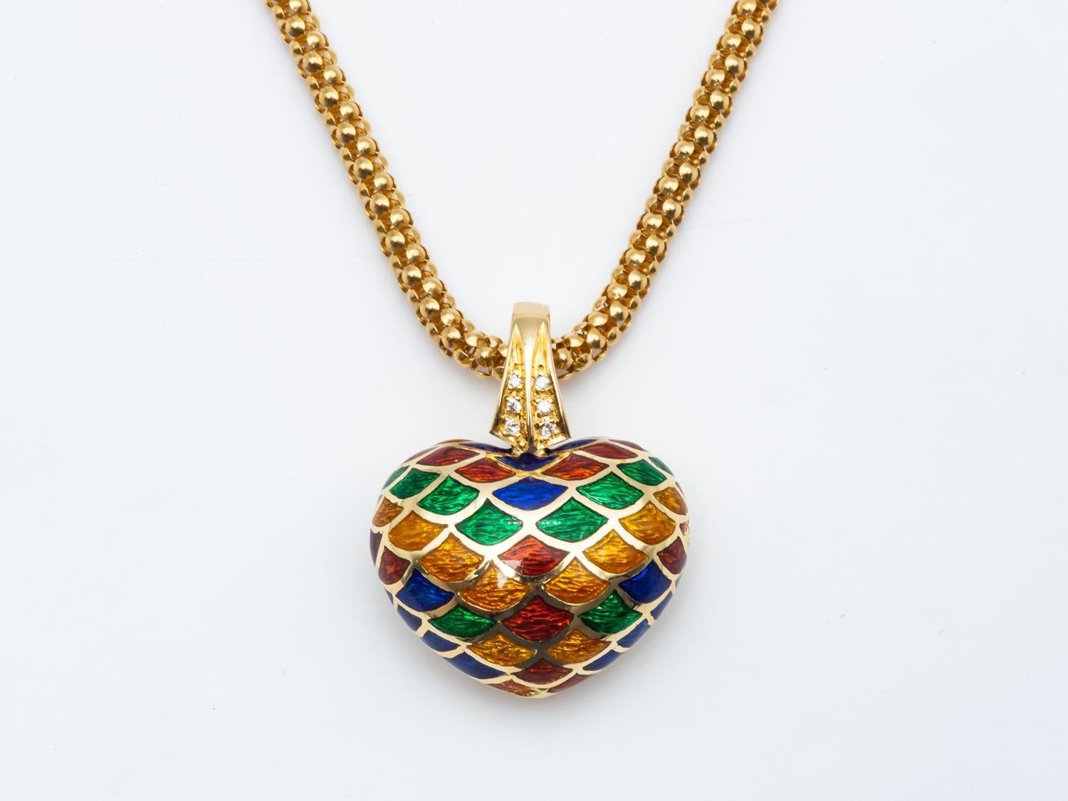 Brilliant Cut 18 Kt Yellow Gold Pendant with Yellow, Red, Green and Blue Diamonds and Enamel