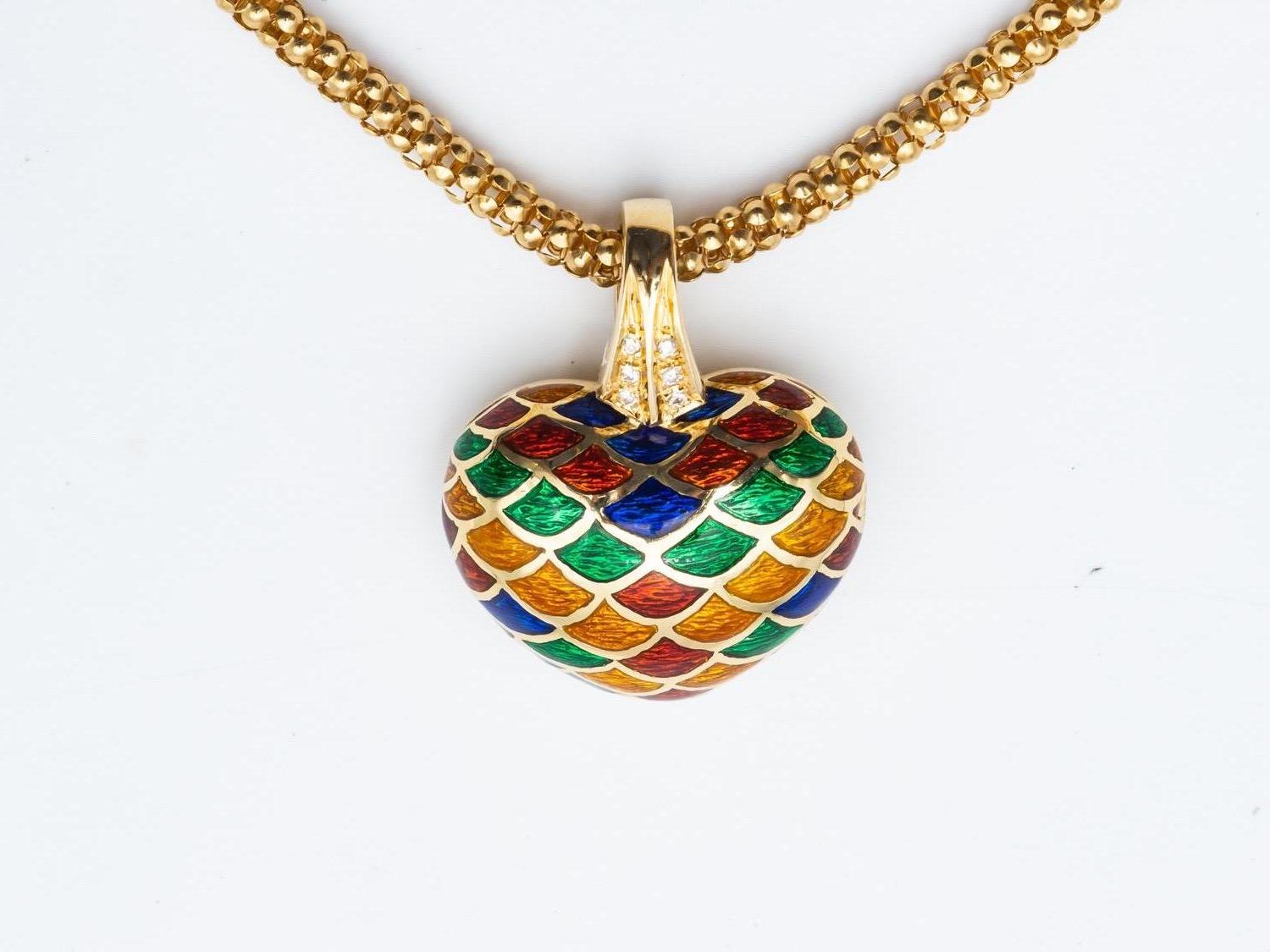 18 Kt Yellow Gold Pendant with Yellow, Red, Green and Blue Diamonds and Enamel In Good Condition In Vannes, FR