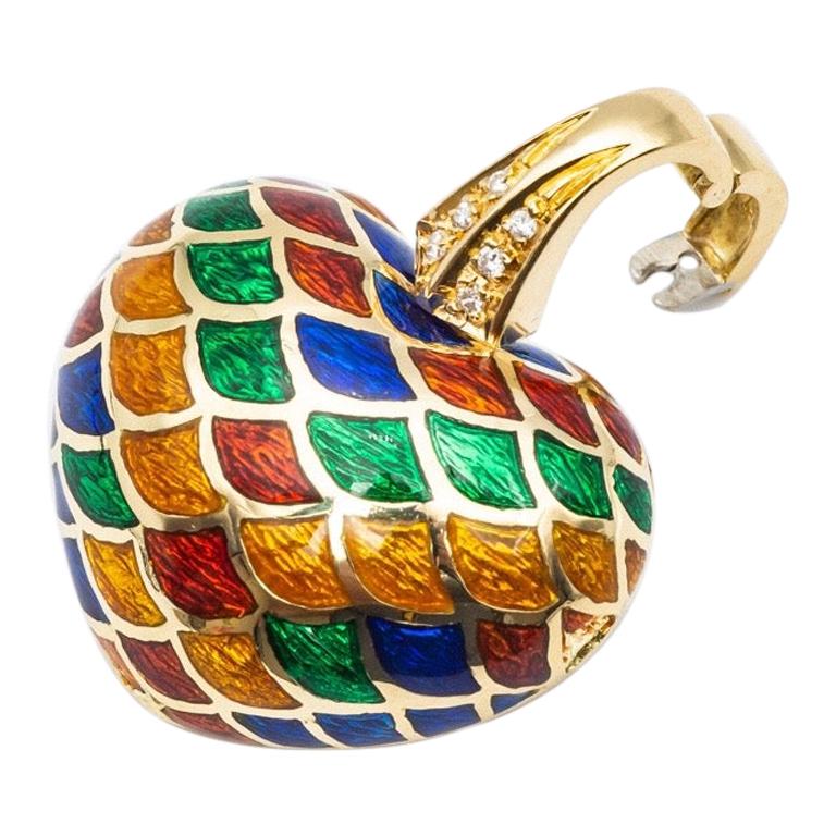 18 Kt Yellow Gold Pendant with Yellow, Red, Green and Blue Diamonds and Enamel