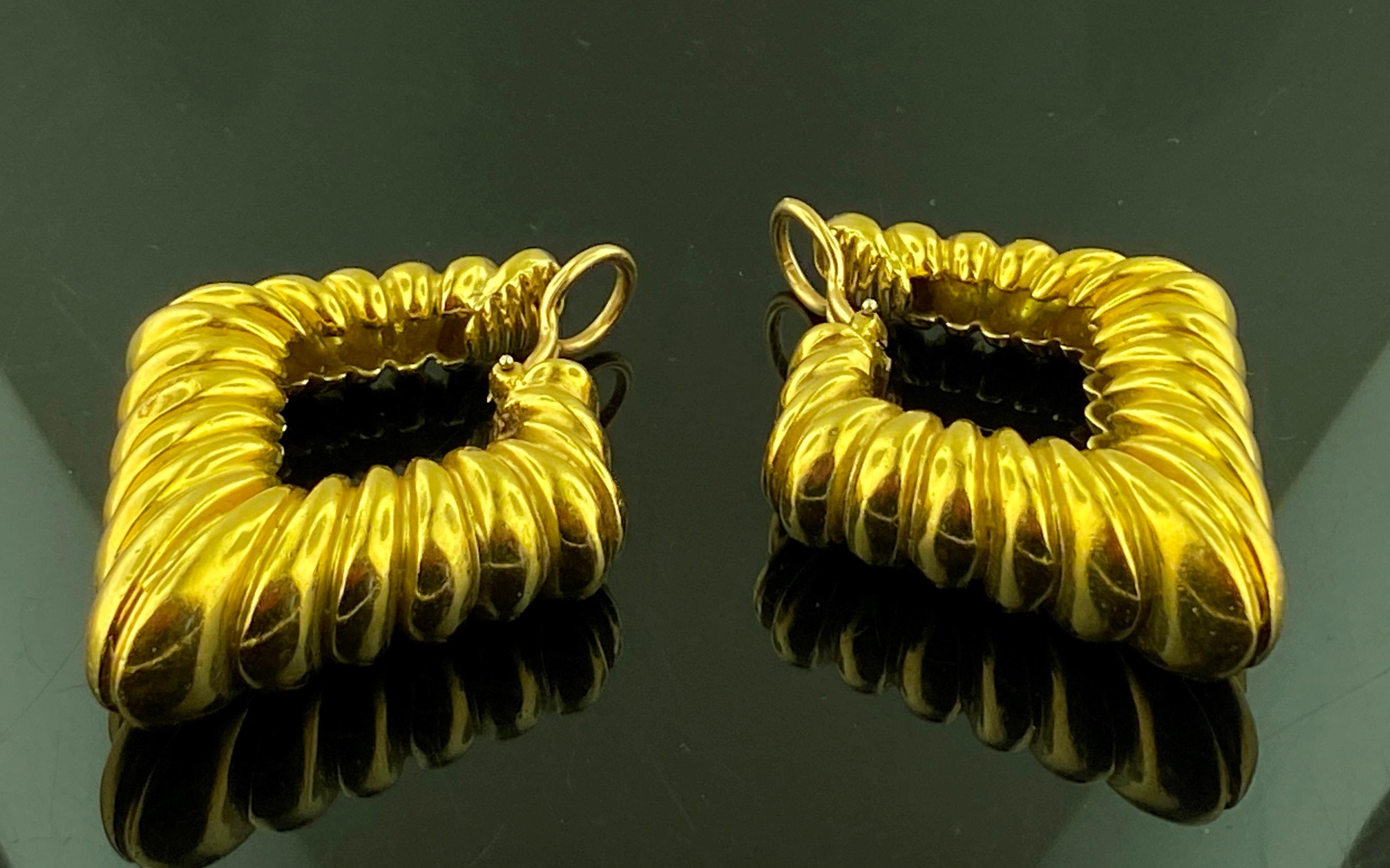 Women's or Men's 18 Kt Yellow Gold Rectangle Earrings, Circa 1960's