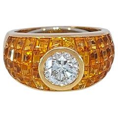 18 Karat Yellow Gold Ring 1ct Diamond and Yellow Sapphires, Estate Sultan Oman