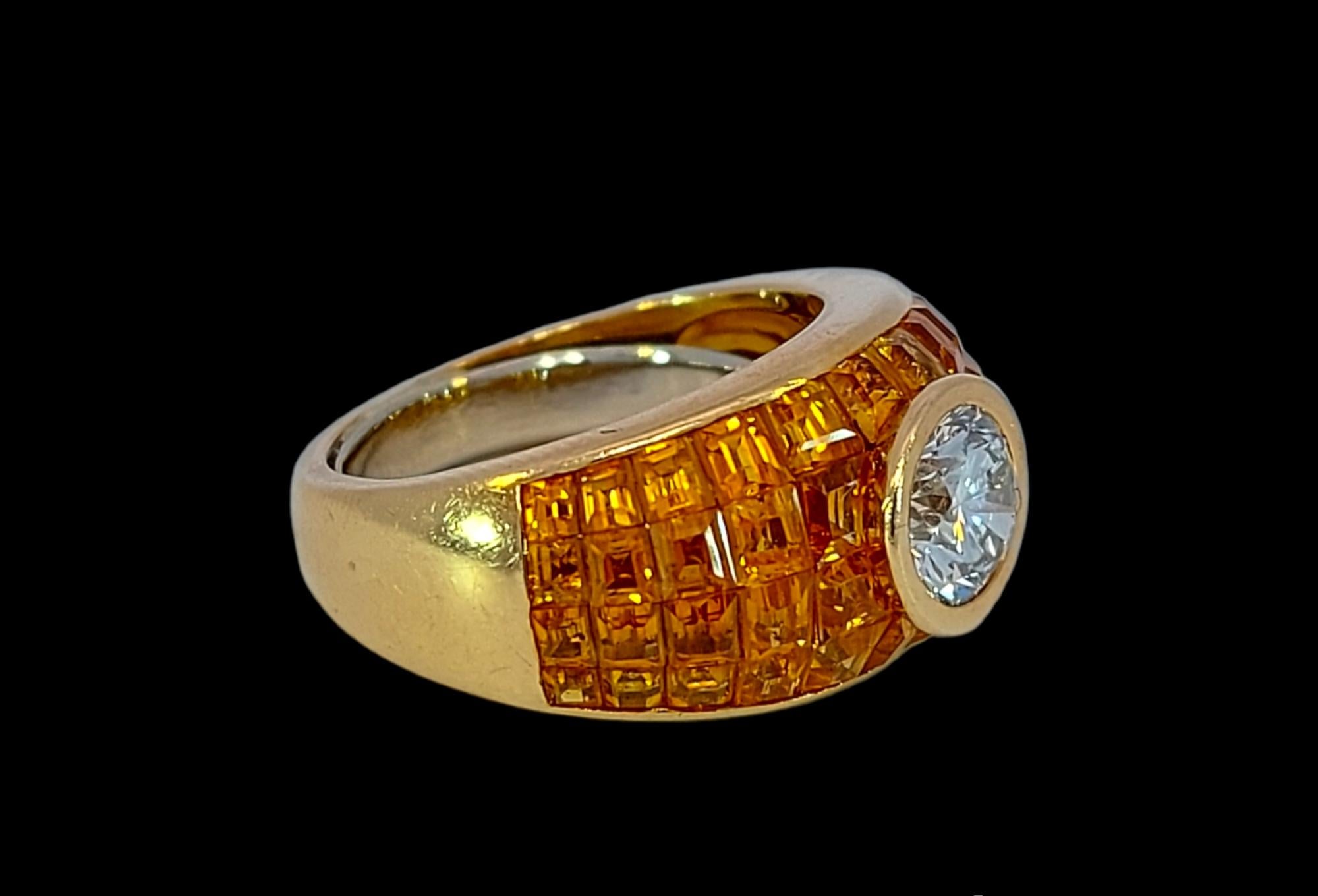 Artisan 18 Karat Yellow Gold Ring 1ct Diamond and Yellow Sapphires, Estate Sultan Oman For Sale