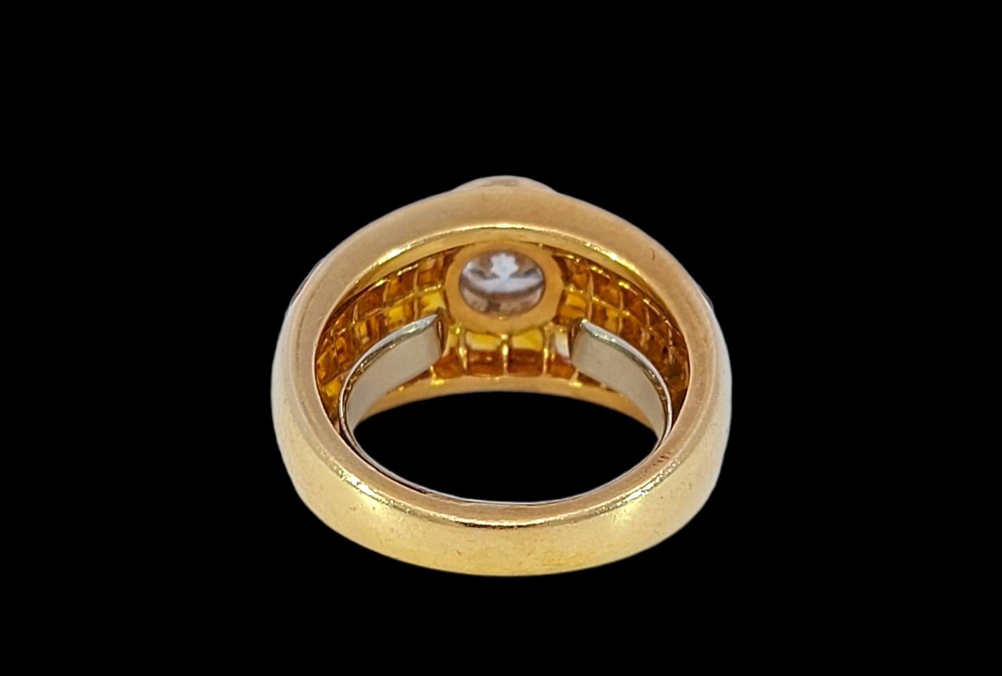 Brilliant Cut 18 Karat Yellow Gold Ring 1ct Diamond and Yellow Sapphires, Estate Sultan Oman For Sale