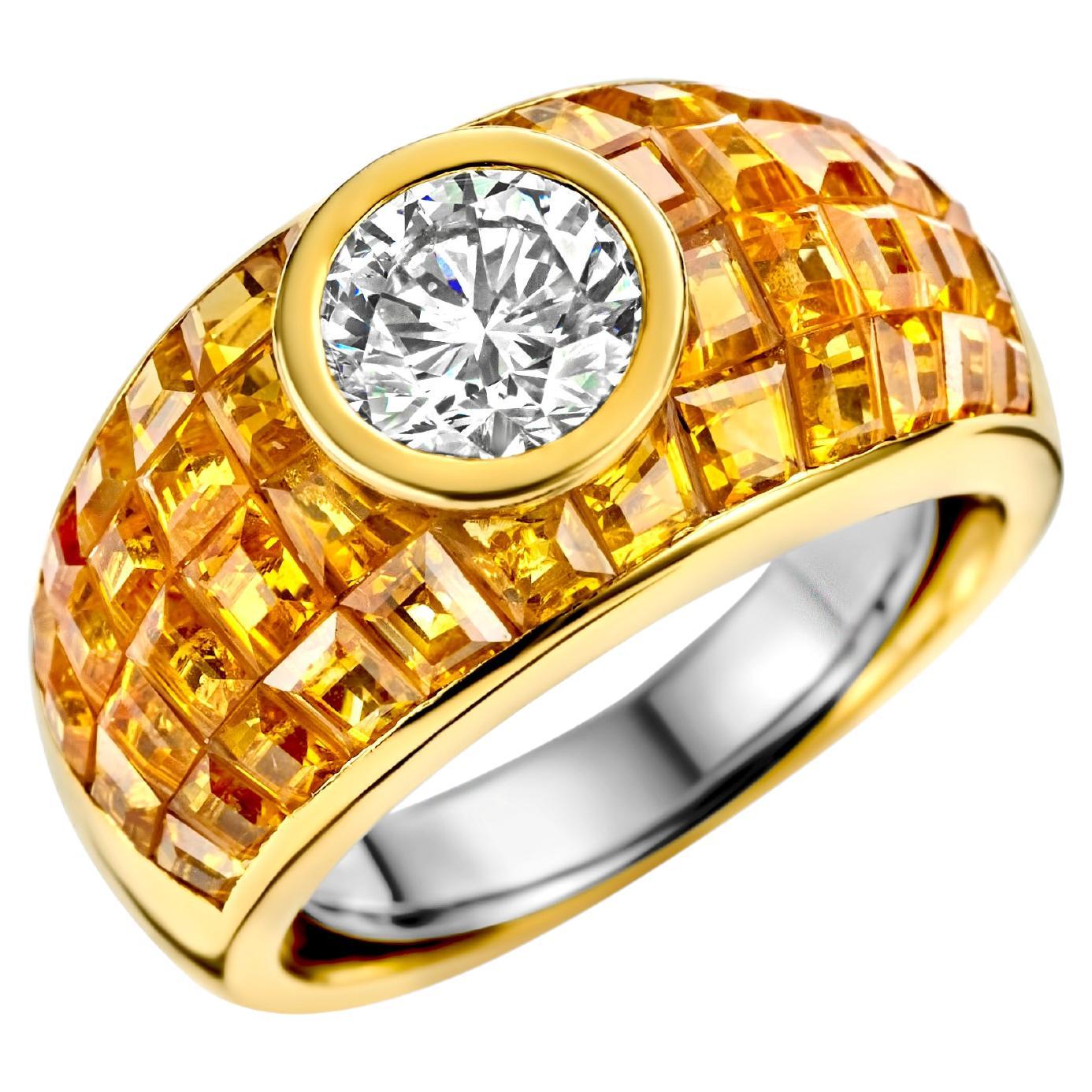 18 Karat Yellow Gold Ring 1ct Diamond and Yellow Sapphires, Estate Sultan Oman