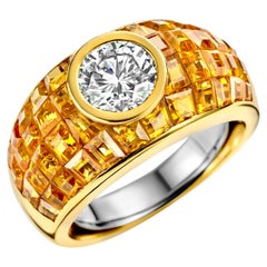 Vintage 18 Karat Yellow Gold Ring 1ct Diamond and Yellow Sapphires, Estate Sultan Oman