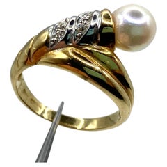 18 Kt Yellow Gold Ring, Cultured Pearl, Brilliant Cut Diamonds