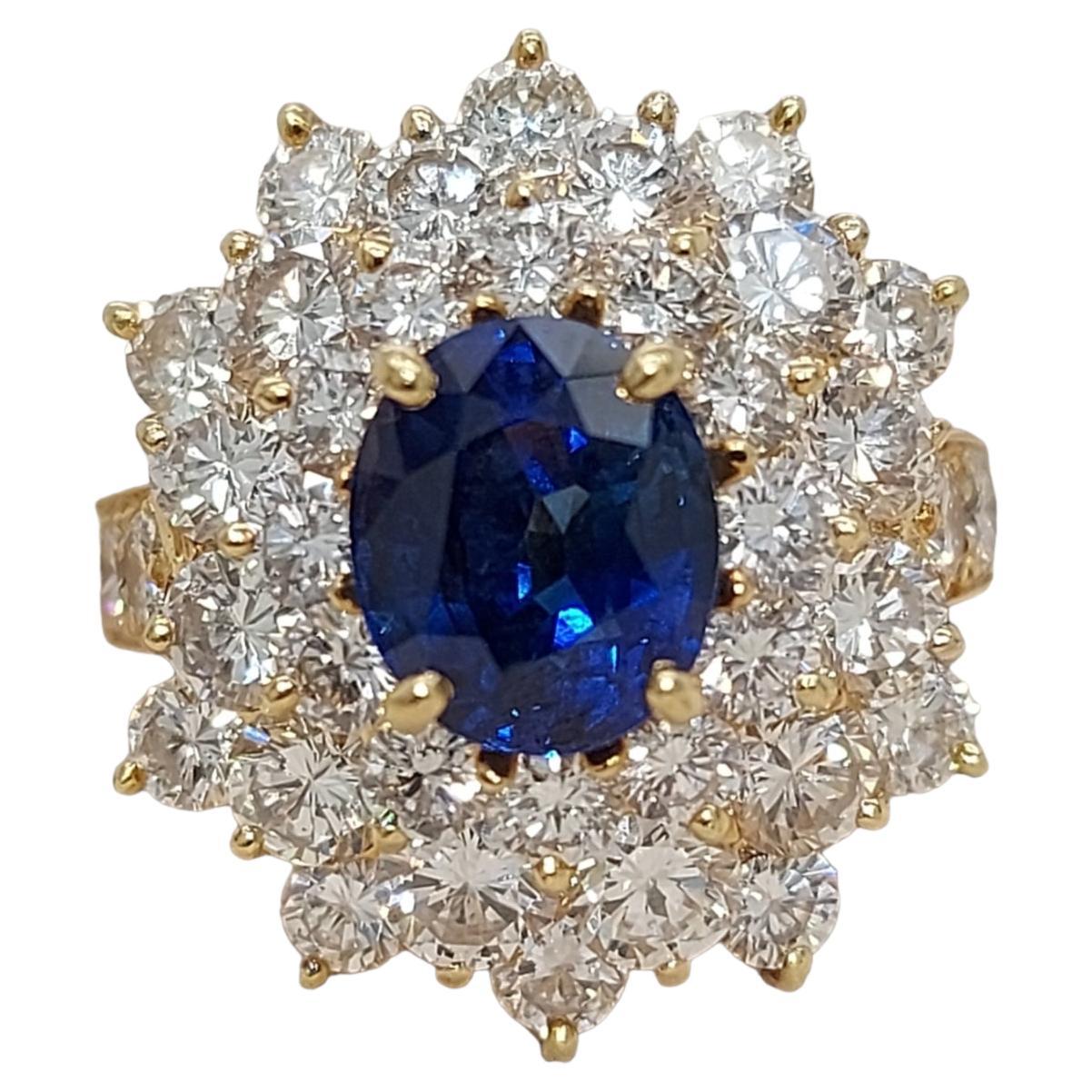 Magnificent 18 kt. Yellow Gold Ring With 2ct Sapphire and 2.8ct Diamonds , Estate His Majesty SUltan of Oman Qaboos Bin Said

Sapphire: Intense Blue, Oval shape, Madagascar sapphire 2 ct. Comes with Carat Gem Lab Certificate CGL28028

Diamonds: