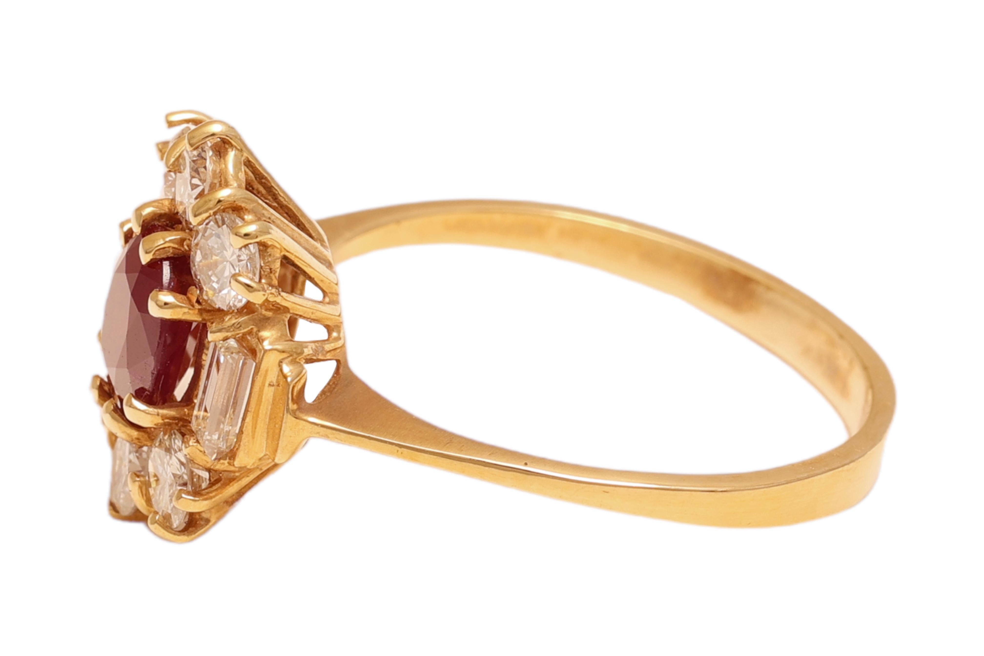 Baguette Cut 18 kt. Yellow Gold Ring with Oval Ruby 1.4ct. & 1ct. Brilliant cut Diamonds  For Sale