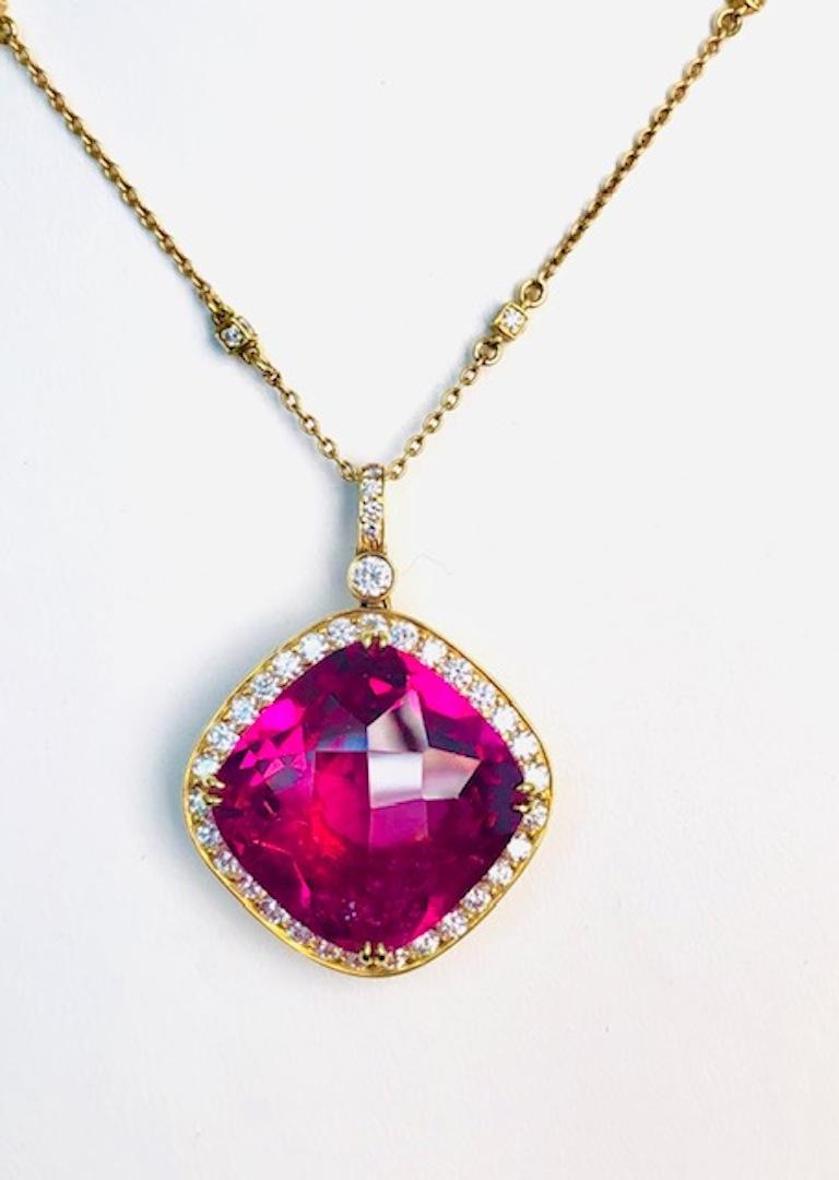 Cushion Cut 18 Karat Yellow Gold Rubellite and Diamond Pendant or Necklace For Sale