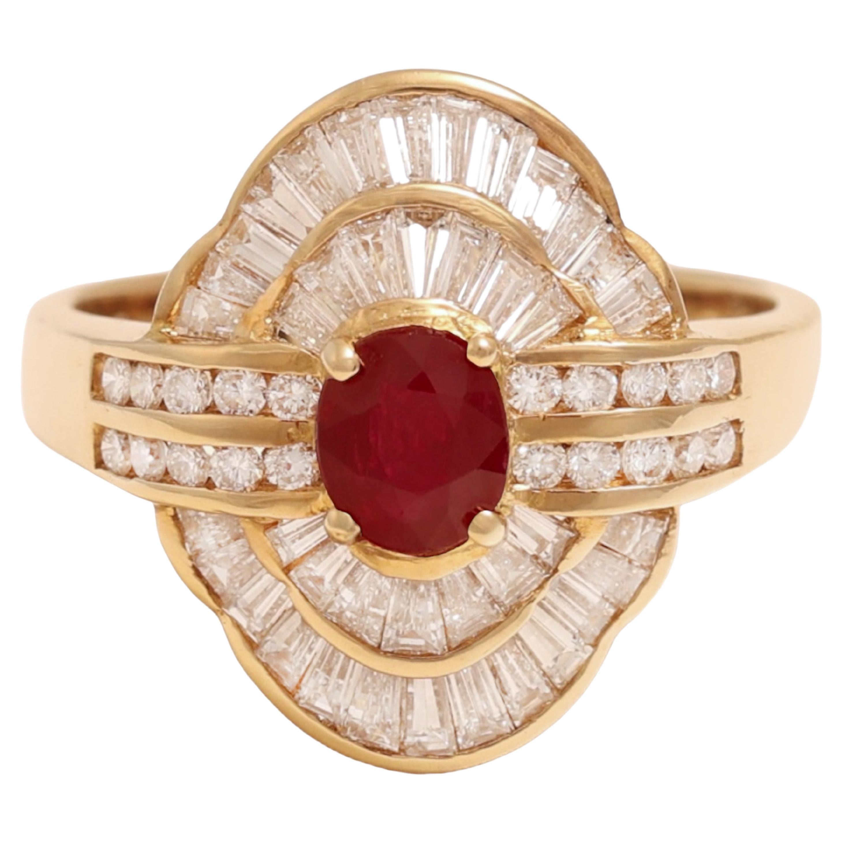 18 Kt Yellow Gold Ruby & Tapered Baguette Cut Diamonds Ring