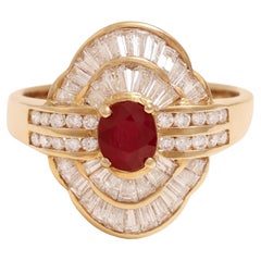 18 Kt Yellow Gold Ruby & Tapered Baguette Cut Diamonds Ring