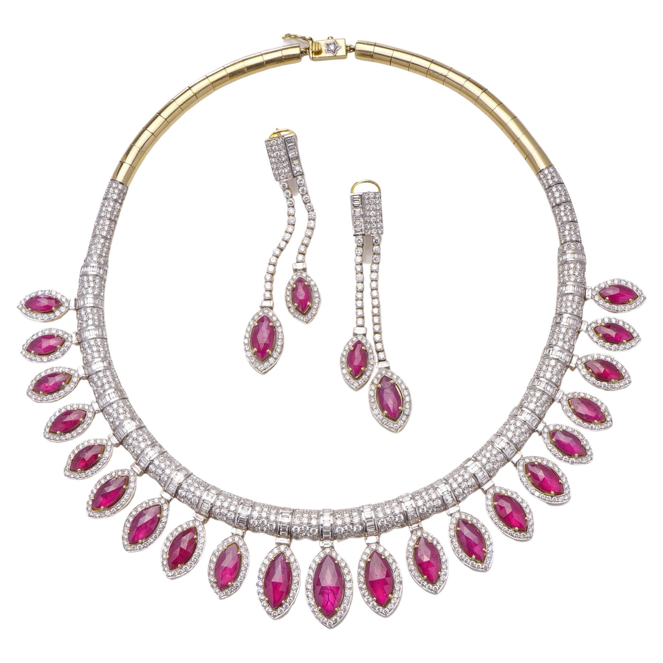 10.75ct Diamond Emerald Ruby Necklace and Earrings Set For Sale at 1stDibs