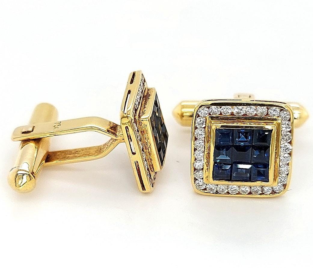 18kt Gold Set with 0.60ct Diamonds, Invisible Set Sapphires Cufflinks For Sale 7
