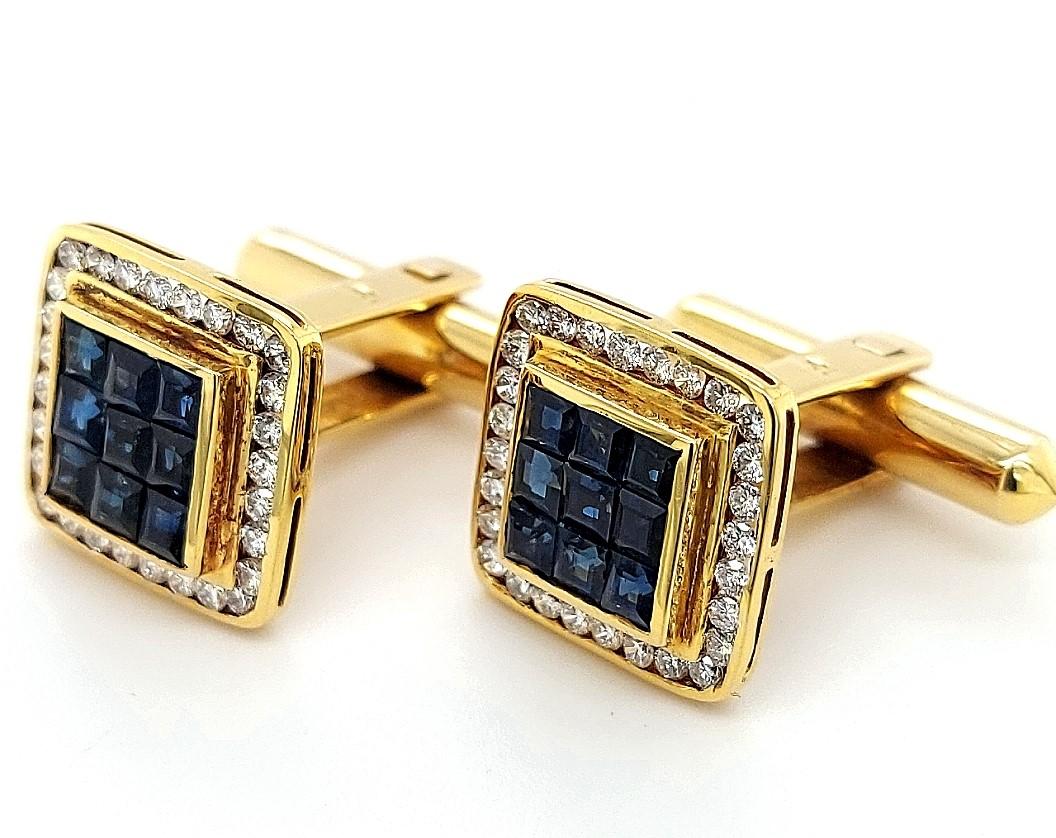 18kt Gold Set with 0.60ct Diamonds, Invisible Set Sapphires Cufflinks For Sale 8