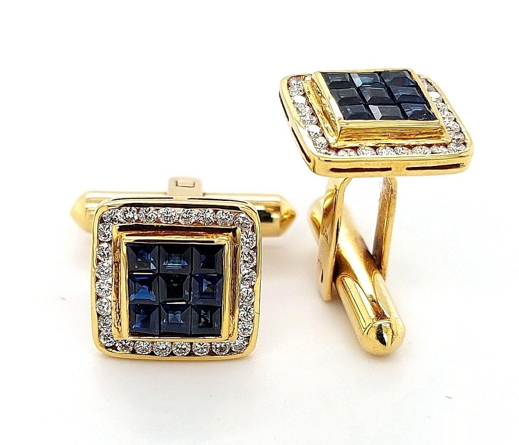 18kt Gold Set with 0.60ct Diamonds, Invisible Set Sapphires Cufflinks For Sale 9