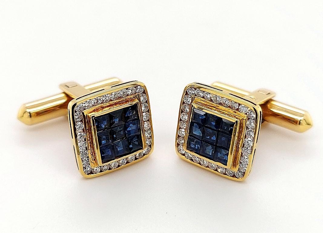 18 Kt Yellow Gold Set With 0.60 Carat Diamonds, Invisible set Sapphires Cufflinks

Beautiful and elegant cufflinks for special occasions or daily use.

Very well made and a pleasure to wear.i m sure you ll get lots of compliments.

Yellow gold
