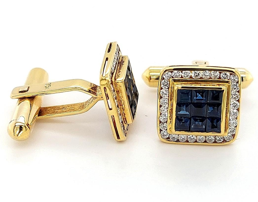 Modern 18kt Gold Set with 0.60ct Diamonds, Invisible Set Sapphires Cufflinks For Sale