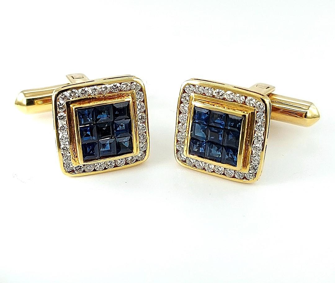 Princess Cut 18kt Gold Set with 0.60ct Diamonds, Invisible Set Sapphires Cufflinks For Sale