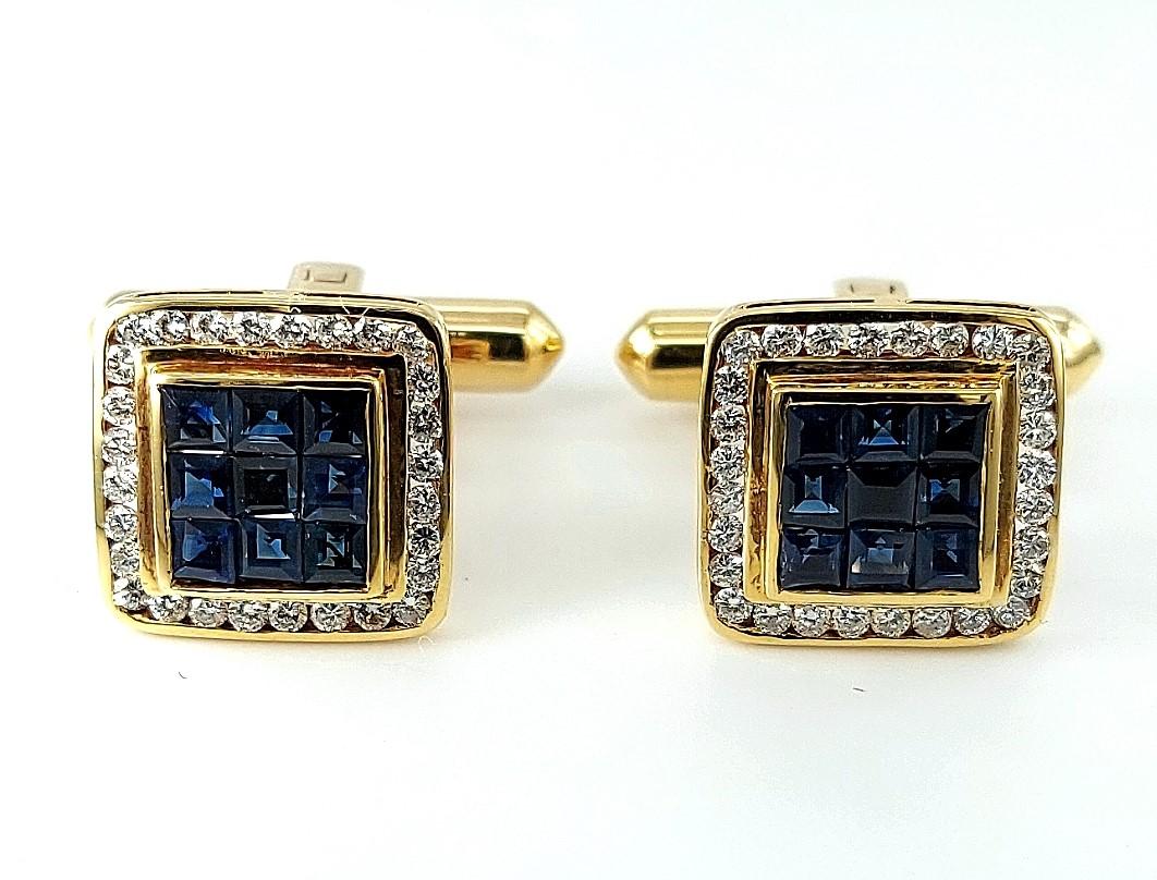 18kt Gold Set with 0.60ct Diamonds, Invisible Set Sapphires Cufflinks In Excellent Condition For Sale In Antwerp, BE