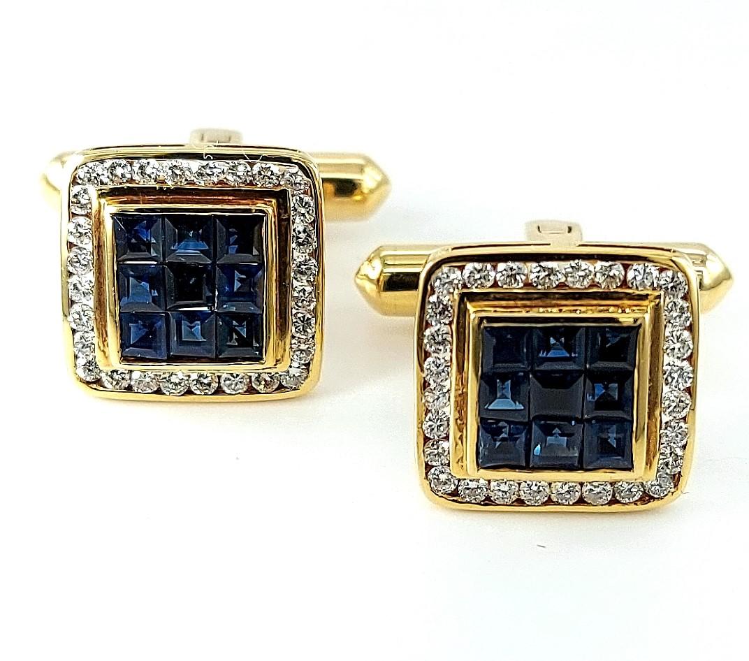 Women's or Men's 18kt Gold Set with 0.60ct Diamonds, Invisible Set Sapphires Cufflinks For Sale
