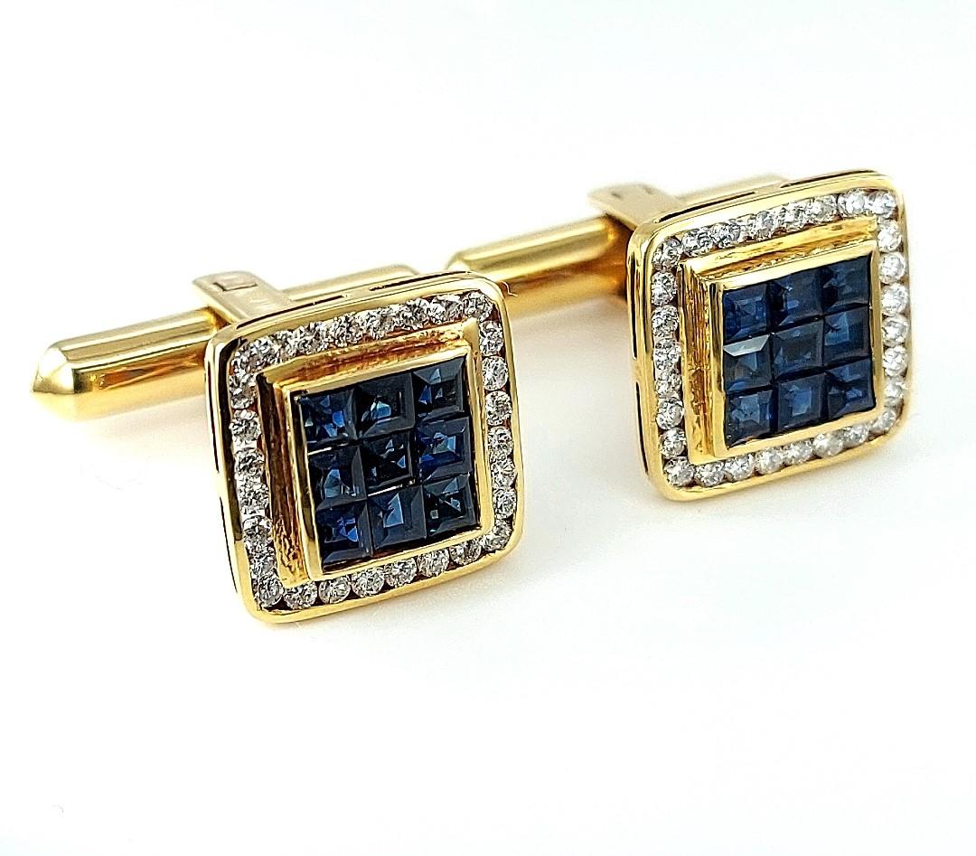 18kt Gold Set with 0.60ct Diamonds, Invisible Set Sapphires Cufflinks For Sale 2