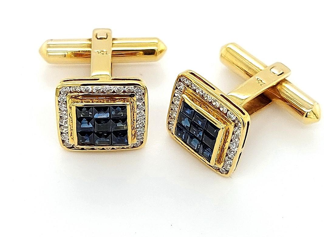 18kt Gold Set with 0.60ct Diamonds, Invisible Set Sapphires Cufflinks For Sale 3