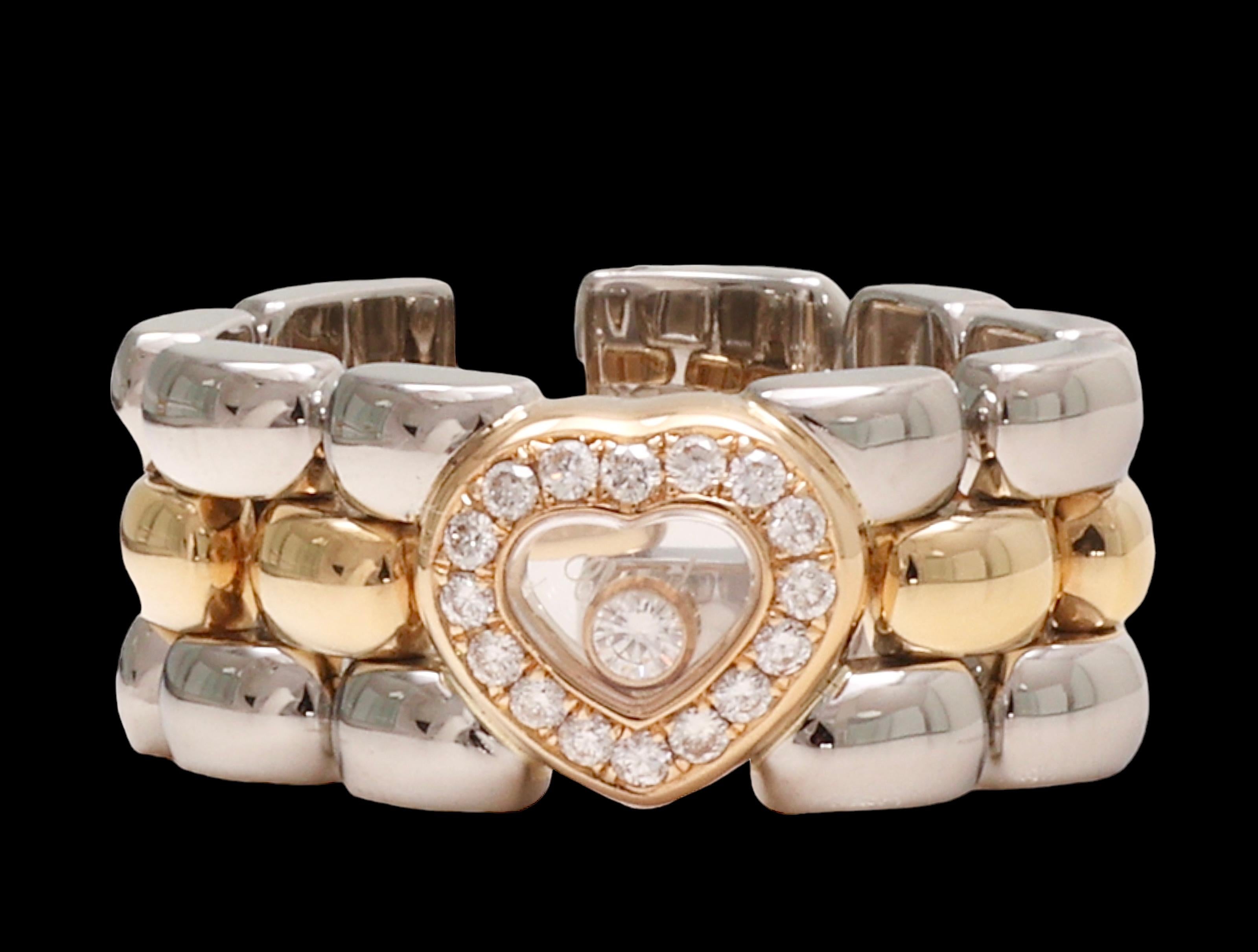18 kt. Chopard-Ring aus Gelbgold und Stahl mit Moving Happy Diamond

Diamanten: Glücklicher Diamant 0,07 ct. Diamanten im Brillantschliff, zusammen ca. 0,32 ct.

MATERIAL: 18 kt. gelb & Stahl

Ringgröße: 57 EU / 8 US  ( Ring kann kostenlos in der