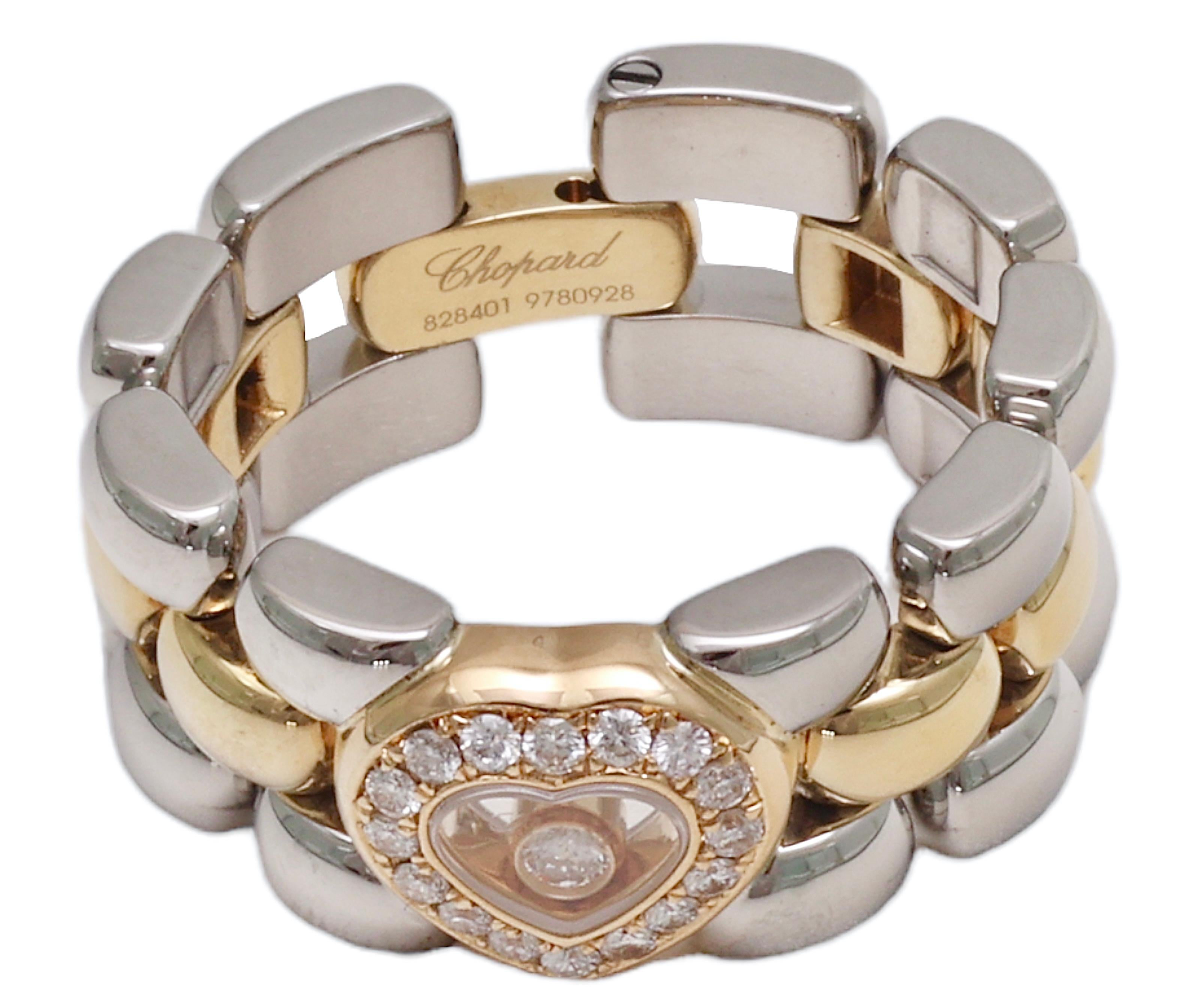 Women's or Men's 18 kt. Yellow Gold & Steel Chopard Ring with Moving Happy Diamond For Sale