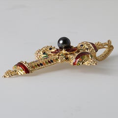 Tahitian Pearl and Multicolored Enamels Pendant Cross on 18 Karat Yellow Gold