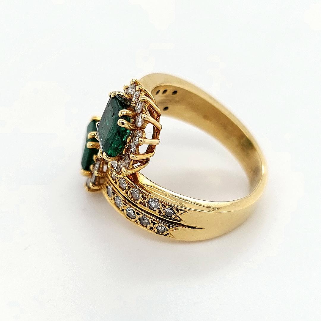 Artisan 18 Karat Yellow Gold Toi et Moi Colombian Emeralds, Diamond Ring