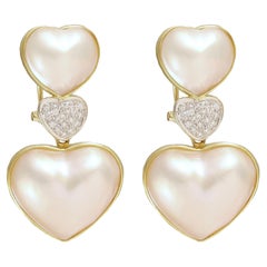 18 kt. Yellow Gold Triple Heart Shape Dangle Earring With Mabe Pearls & Diamond