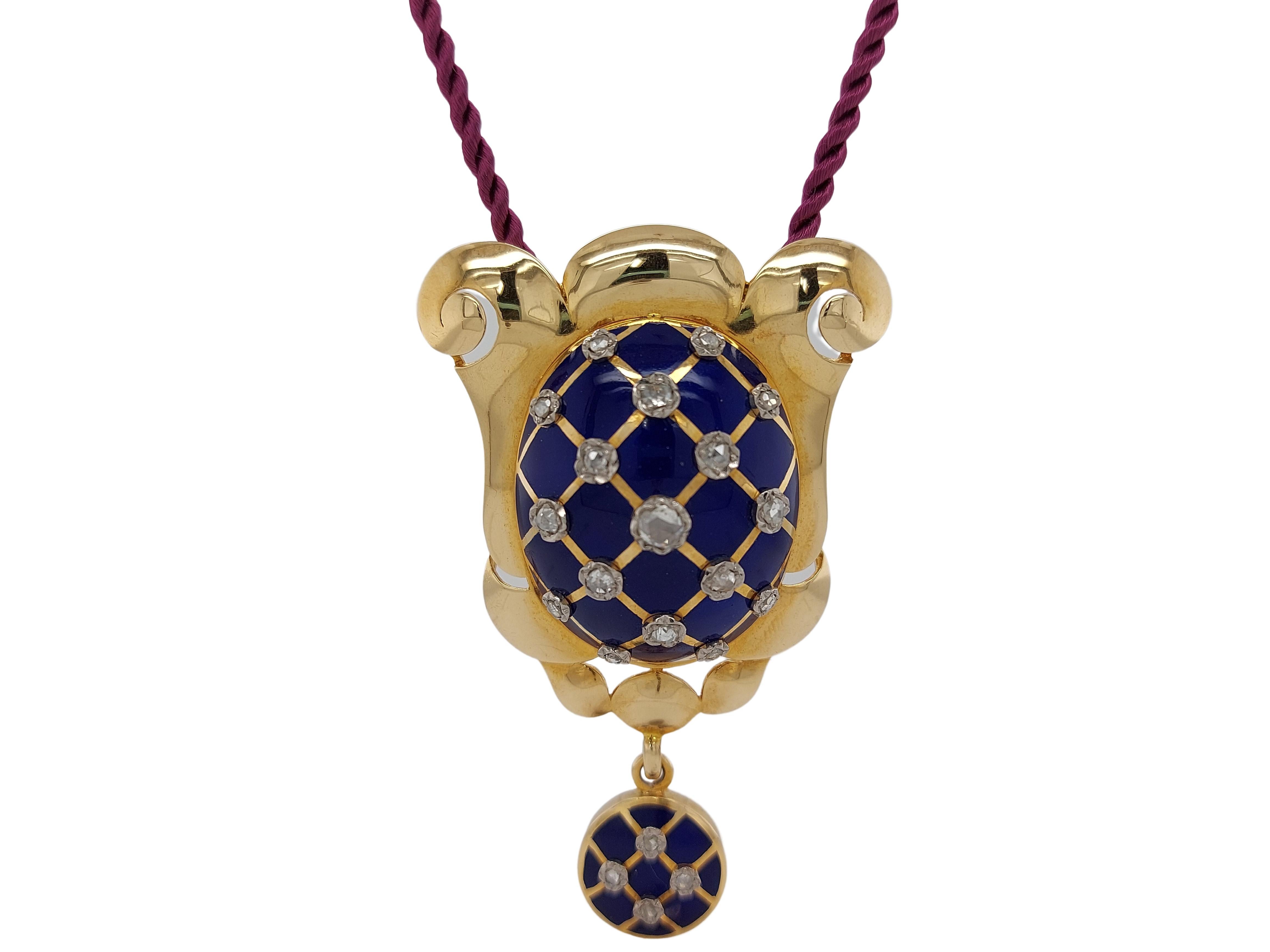 18 Kt Yellow Gold Turtle Pendant With Deep Blue Enamel and Rose Cut Diamonds 

Diamonds: 1 big, 8 middle size, 12 small rose cut diamonds

Material: 18 kt yellow gold

Measurements: 72mm x 43 mm x 13.4 mm

Total weight: 40.0grams / 25.7 dwt / 1.410
