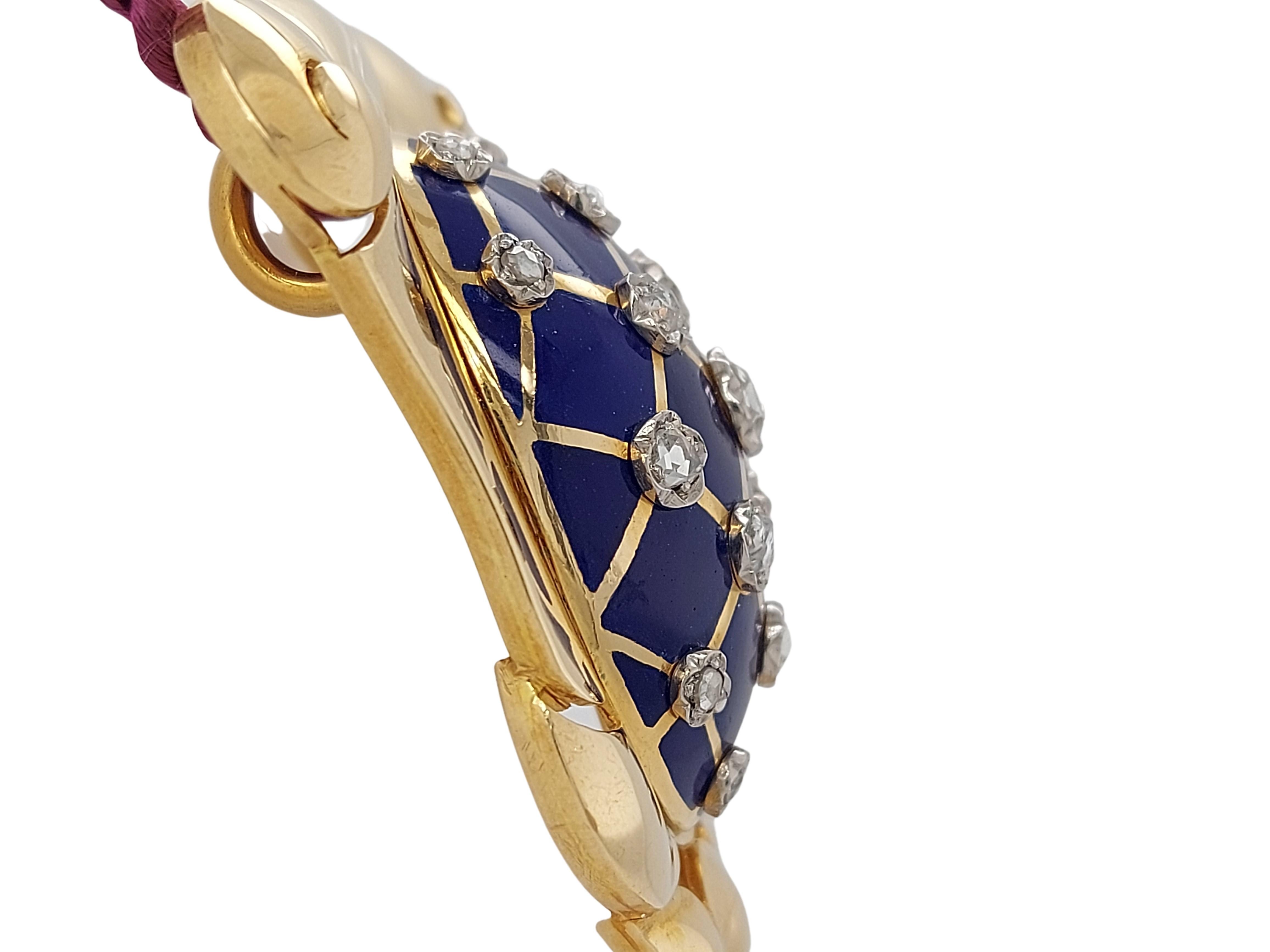 Artisan 18 Karat Yellow Gold Turtle Pendant with Deep Blue Enamel and Rose Cut Diamonds