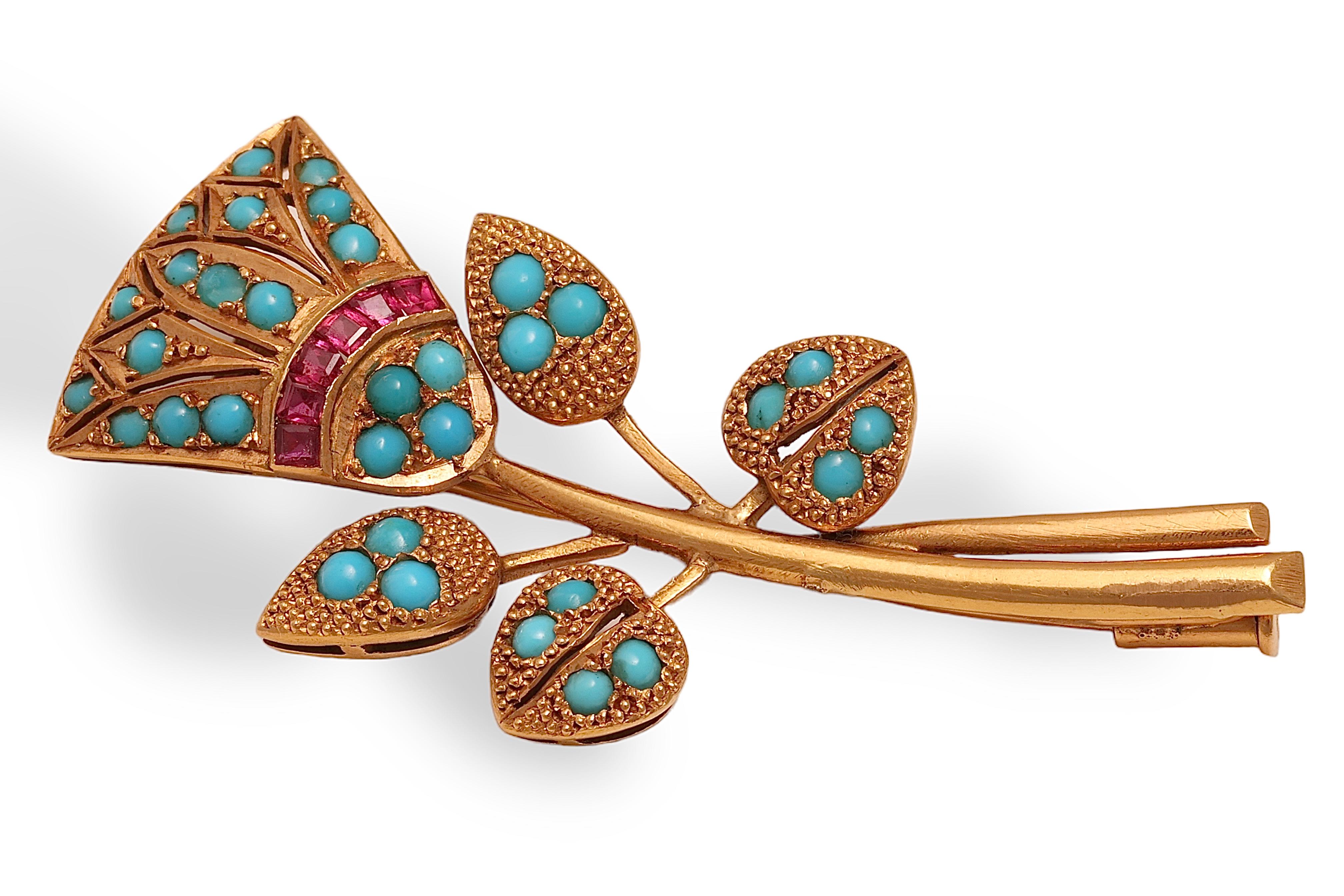 Square Cut 18 kt. Yellow Gold Vintage Tulip Brooch / Pendant With Ruby & Turquoise For Sale