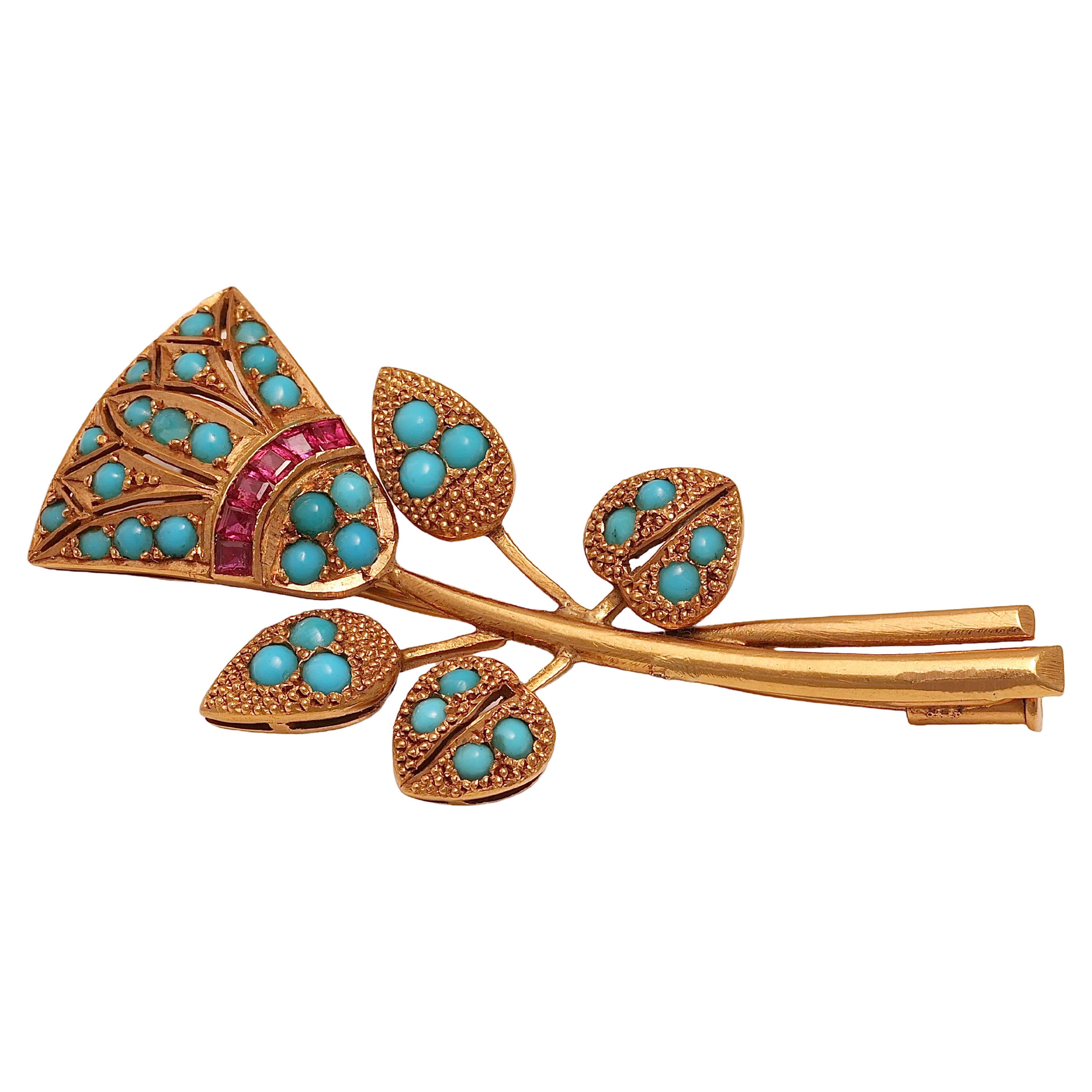 18 kt. Yellow Gold Vintage Tulip Brooch / Pendant With Ruby & Turquoise For Sale