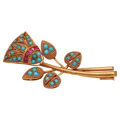 18 kt. Yellow Gold Vintage Tulip Brooch / Pendant With Ruby & Turquoise
