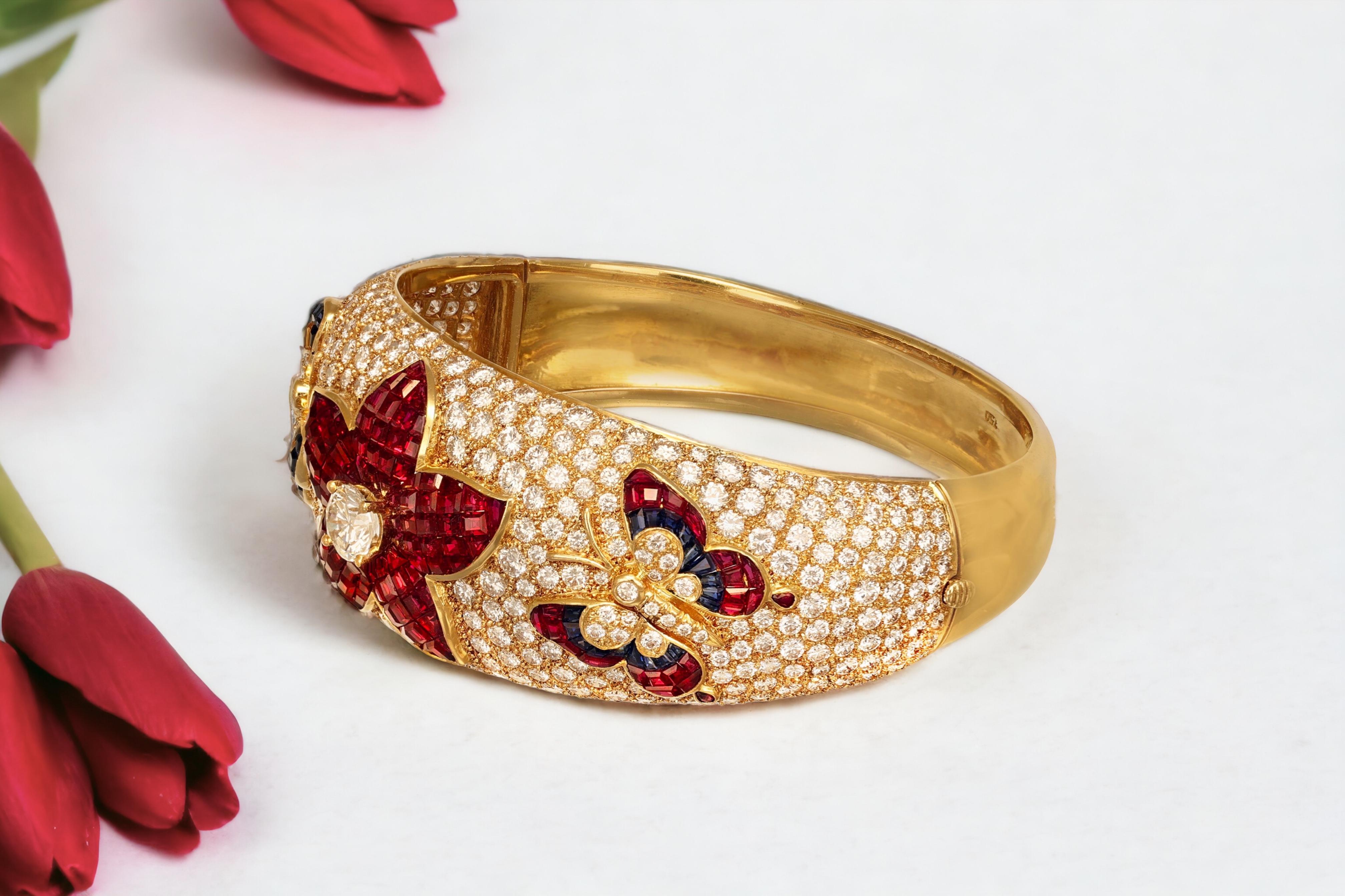 18 kt. Yellow Gold Wide Bangle Bracelet With Diamonds, Rubies, Sapphires For Sale 9