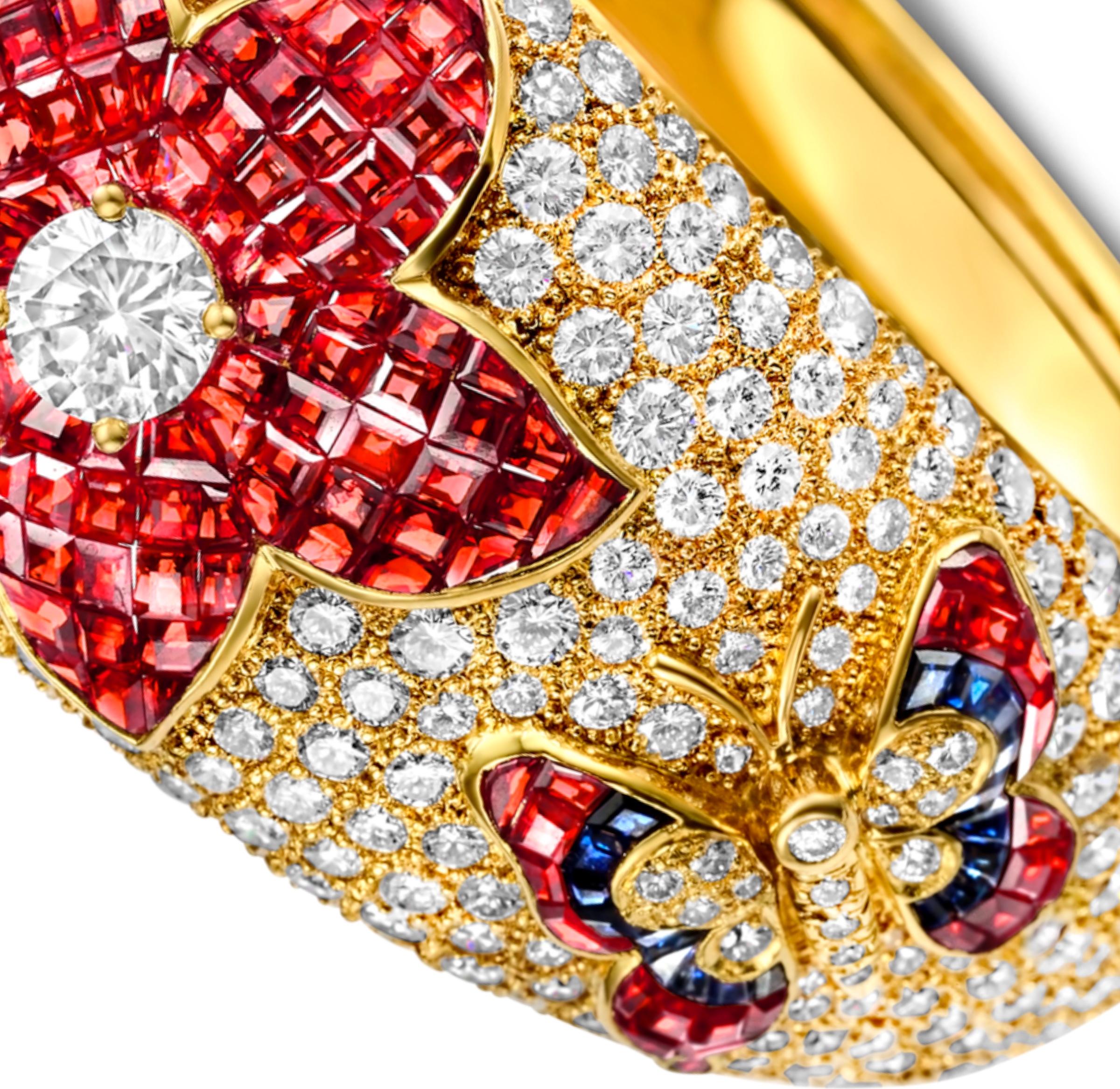 Women's or Men's 18 kt. Yellow Gold Wide Bangle Bracelet With Diamonds, Rubies, Sapphires For Sale