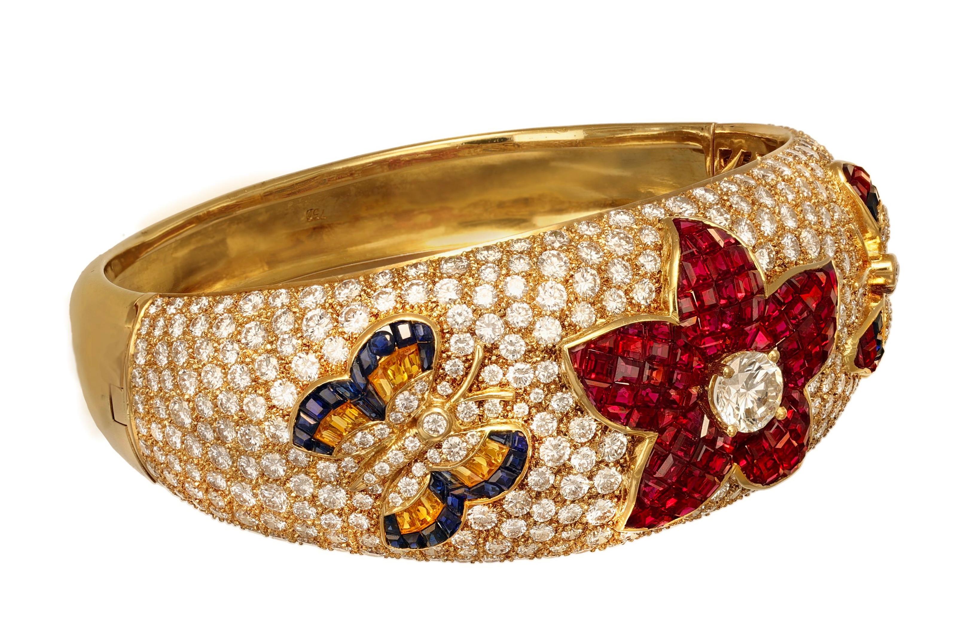 18 kt. Yellow Gold Wide Bangle Bracelet With Diamonds, Rubies, Sapphires For Sale 1