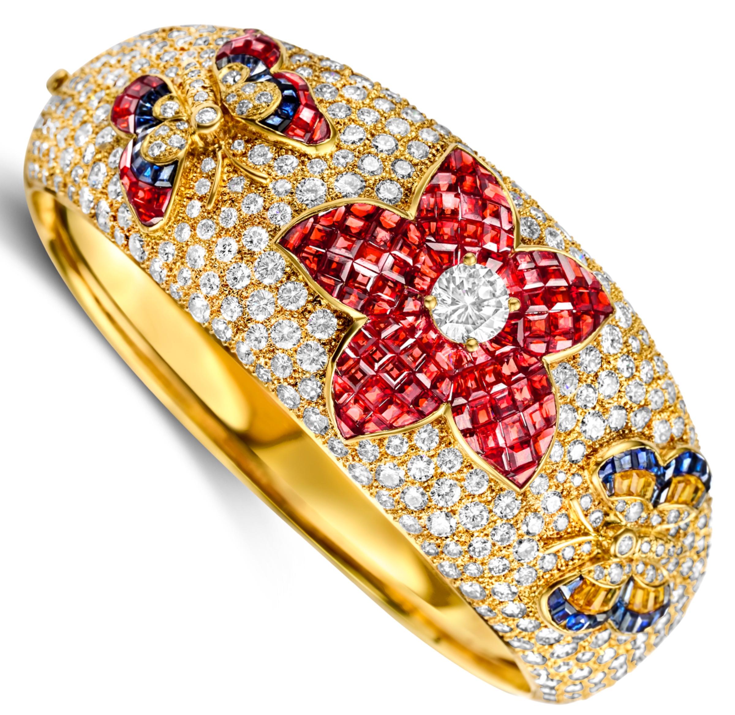 Artisan 18 kt. Yellow Gold Wide Bangle Bracelet With Diamonds, Rubies, Sapphires For Sale