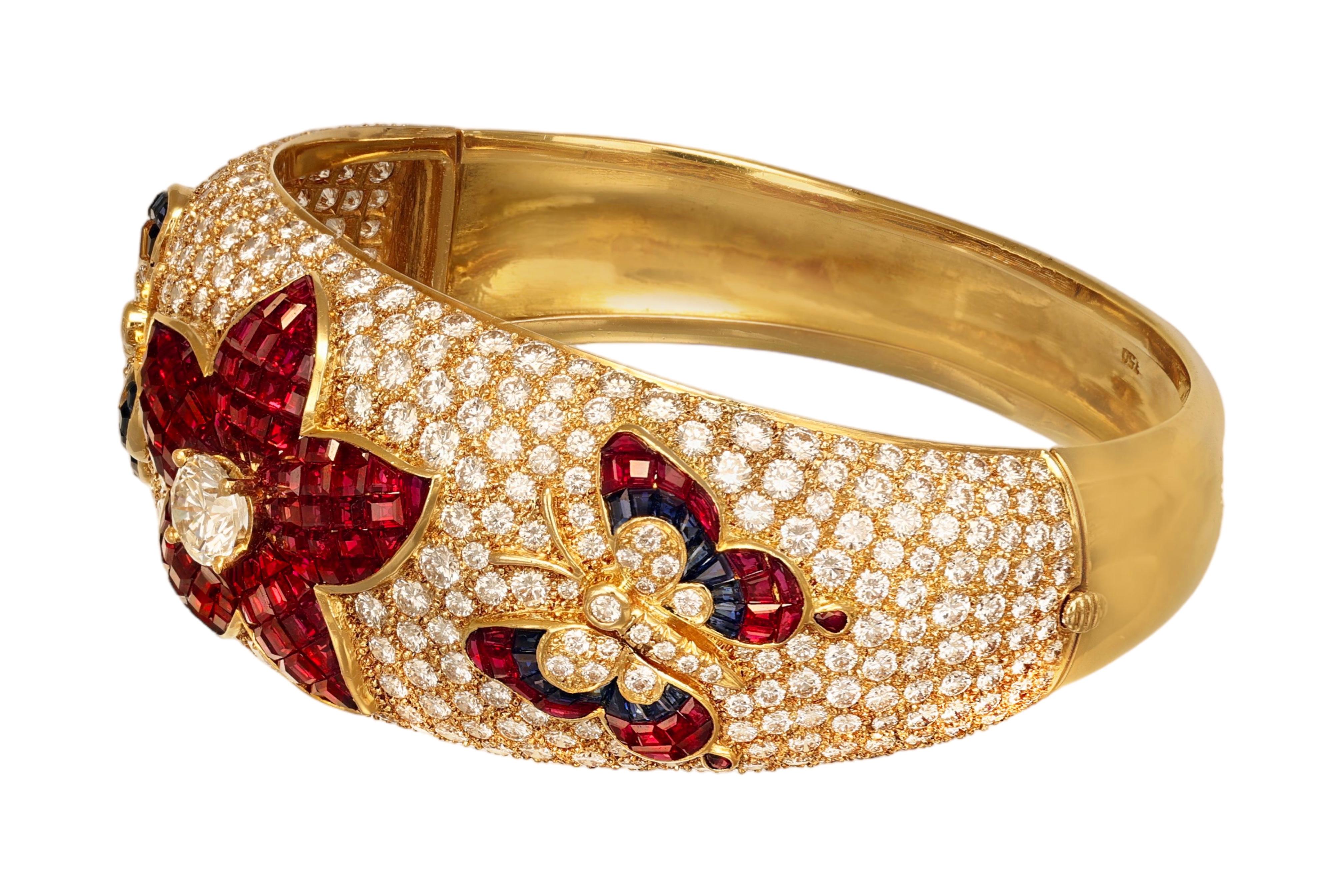 18 kt. Yellow Gold Wide Bangle Bracelet With Diamonds, Rubies, Sapphires For Sale 3